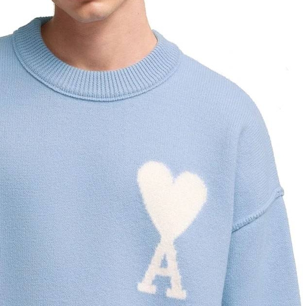 AMI De Coeur Felted Merino Wool Sweater Cashmere Blue Off White 착용 스타일 - 1