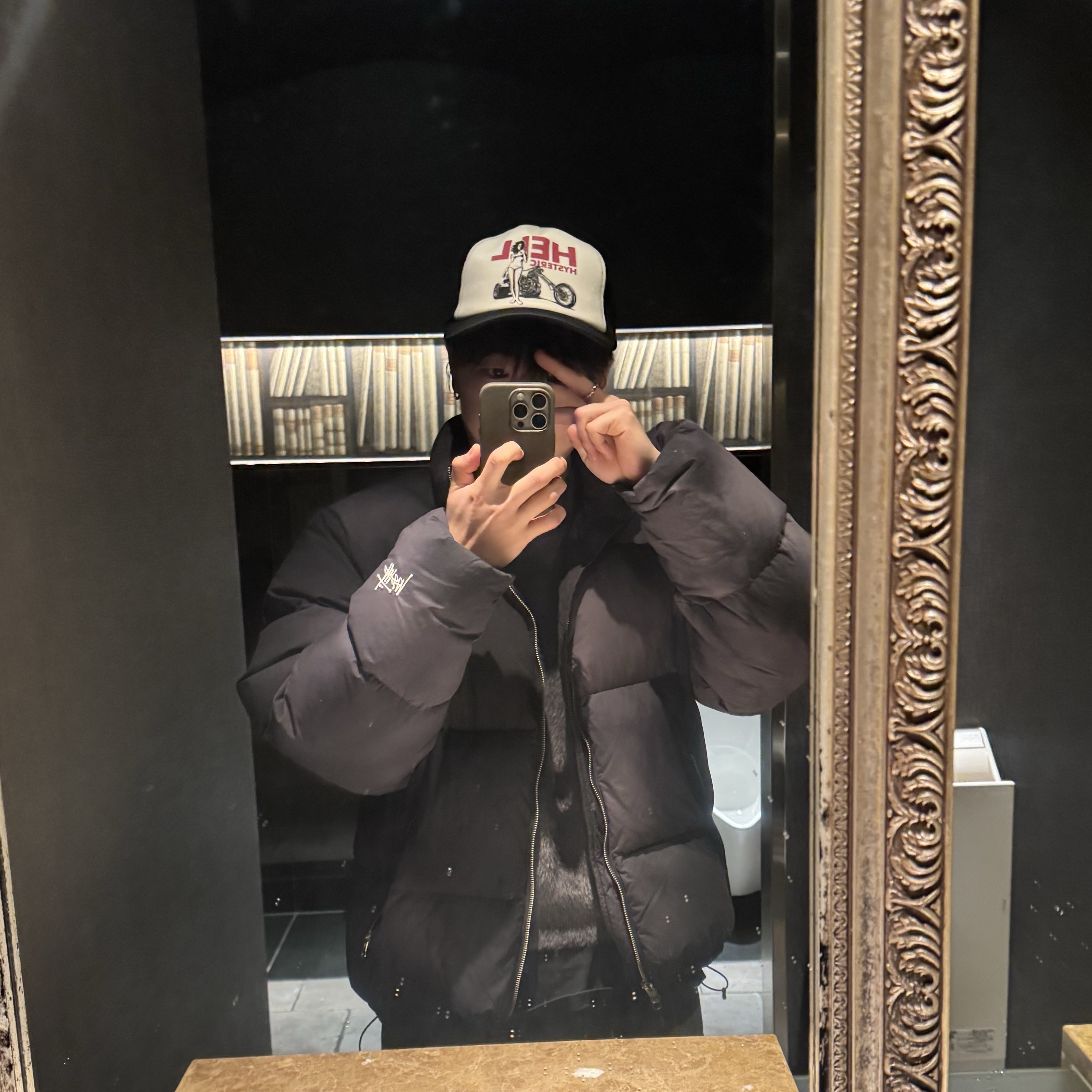 Hysteric Glamour Hell Hysteric Mesh Cap Black, Stussy Recycled Nylon Down Puffer Vintage Black 착용 스타일