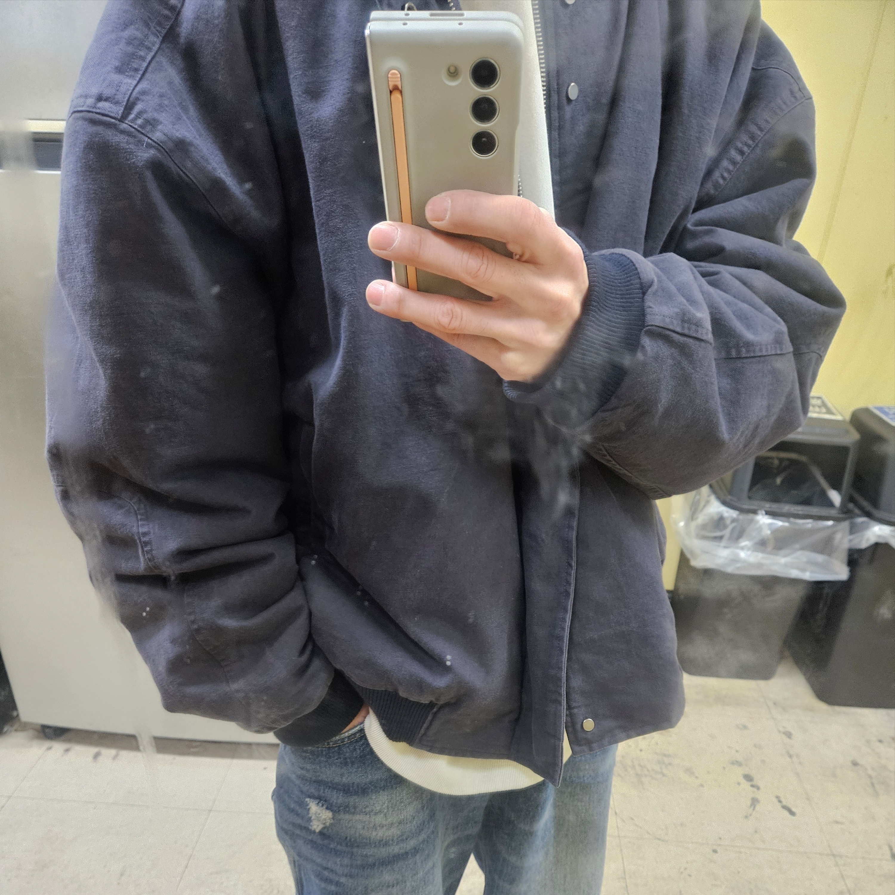 Nonnod Double Pocket Japanese Denim Mid Blue, Nonnod Sulfur Dye Serge Bomber Jacket Vintage Navy Black 착용 스타일 - 4