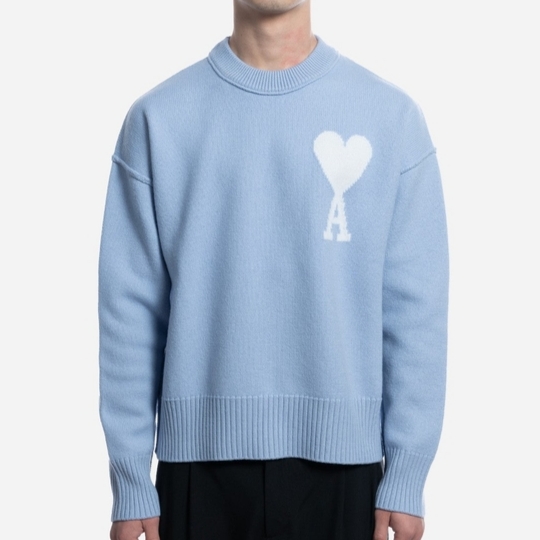 AMI De Coeur Felted Merino Wool Sweater Cashmere Blue Off White 착용 스타일 - 4