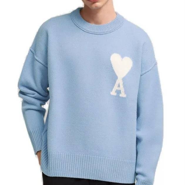 AMI De Coeur Felted Merino Wool Sweater Cashmere Blue Off White 착용 스타일 - 2