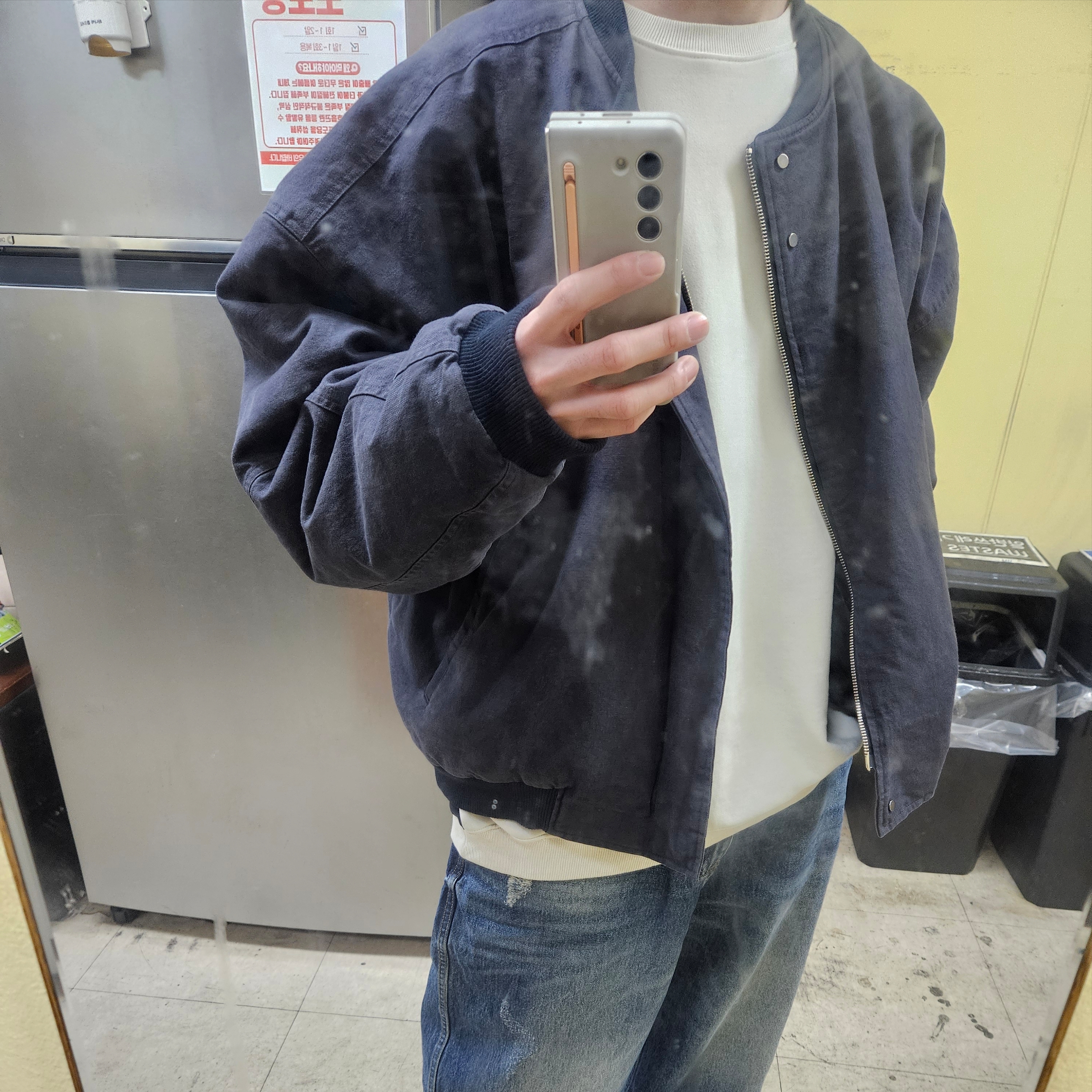 Nonnod Double Pocket Japanese Denim Mid Blue, Nonnod Sulfur Dye Serge Bomber Jacket Vintage Navy Black 착용 스타일 - 1