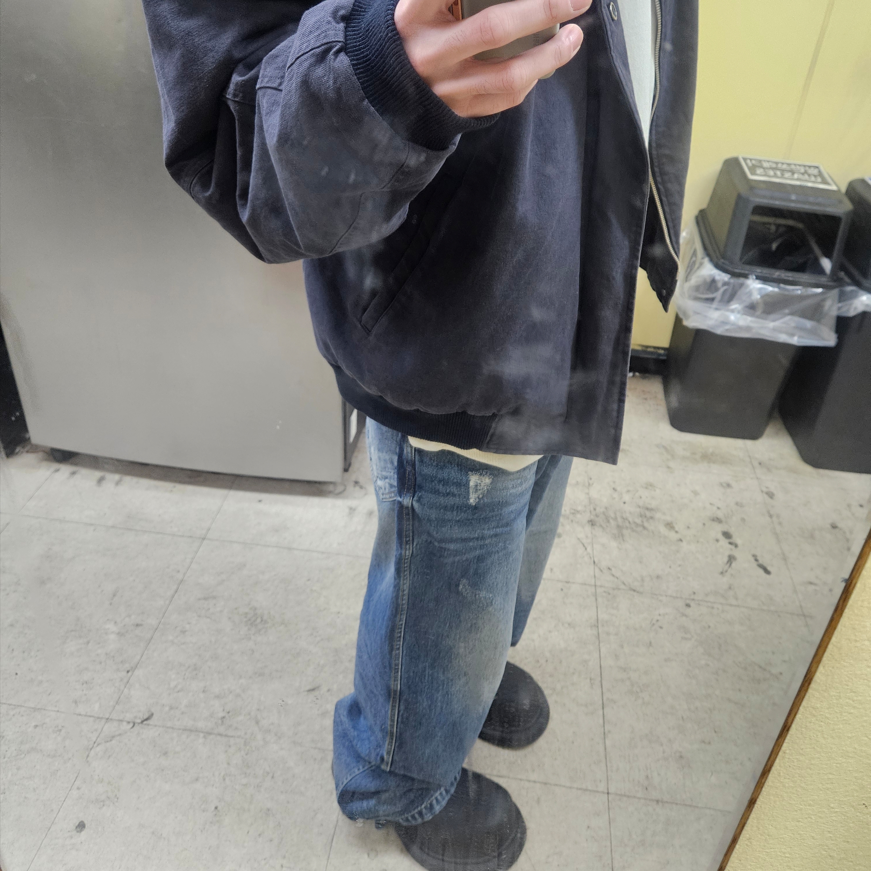 Nonnod Double Pocket Japanese Denim Mid Blue, Nonnod Sulfur Dye Serge Bomber Jacket Vintage Navy Black 착용 스타일 - 3