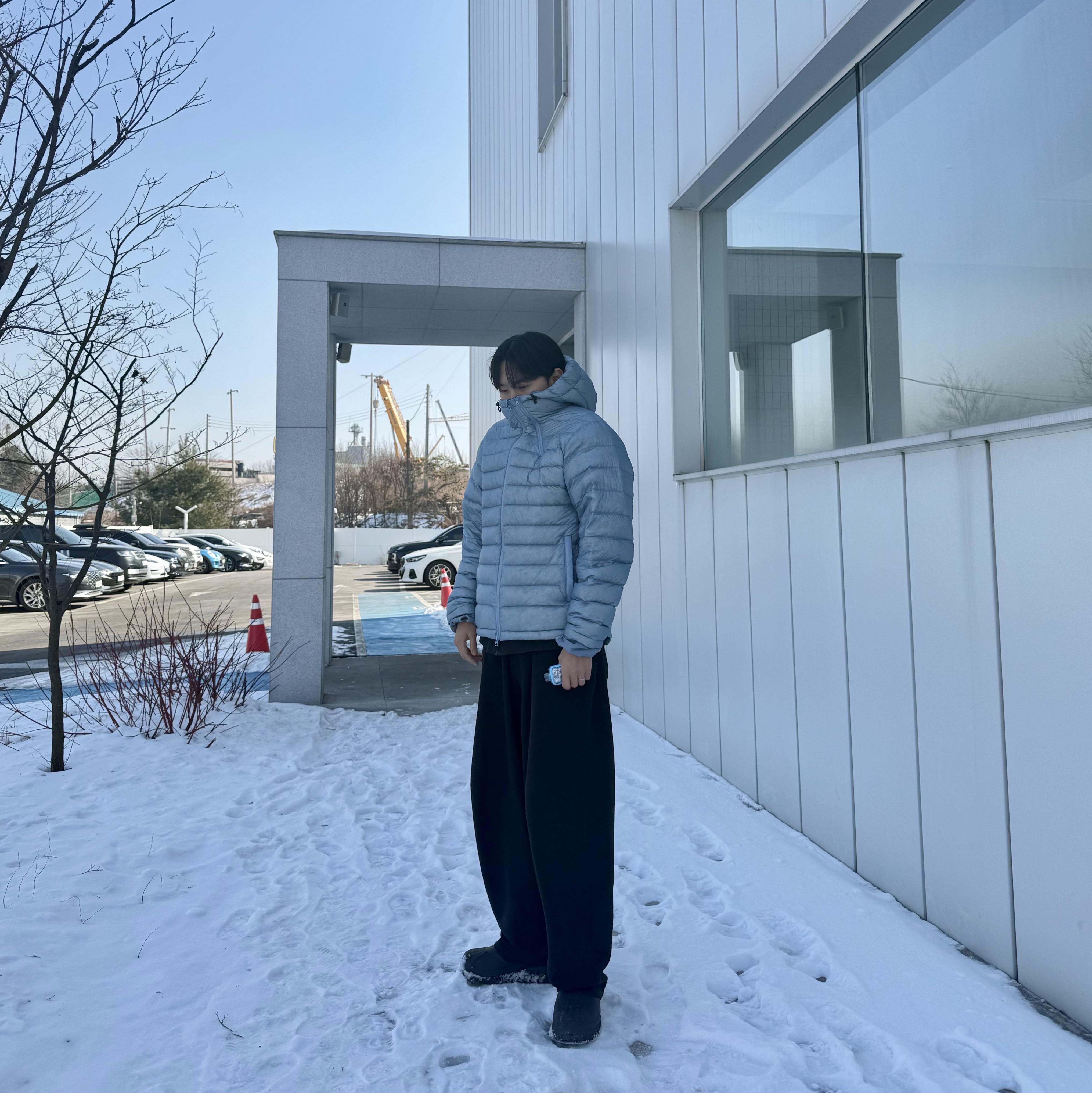Sansan Gear Suffix Puffer Jacket Sky Blue - 24FW 착용 스타일