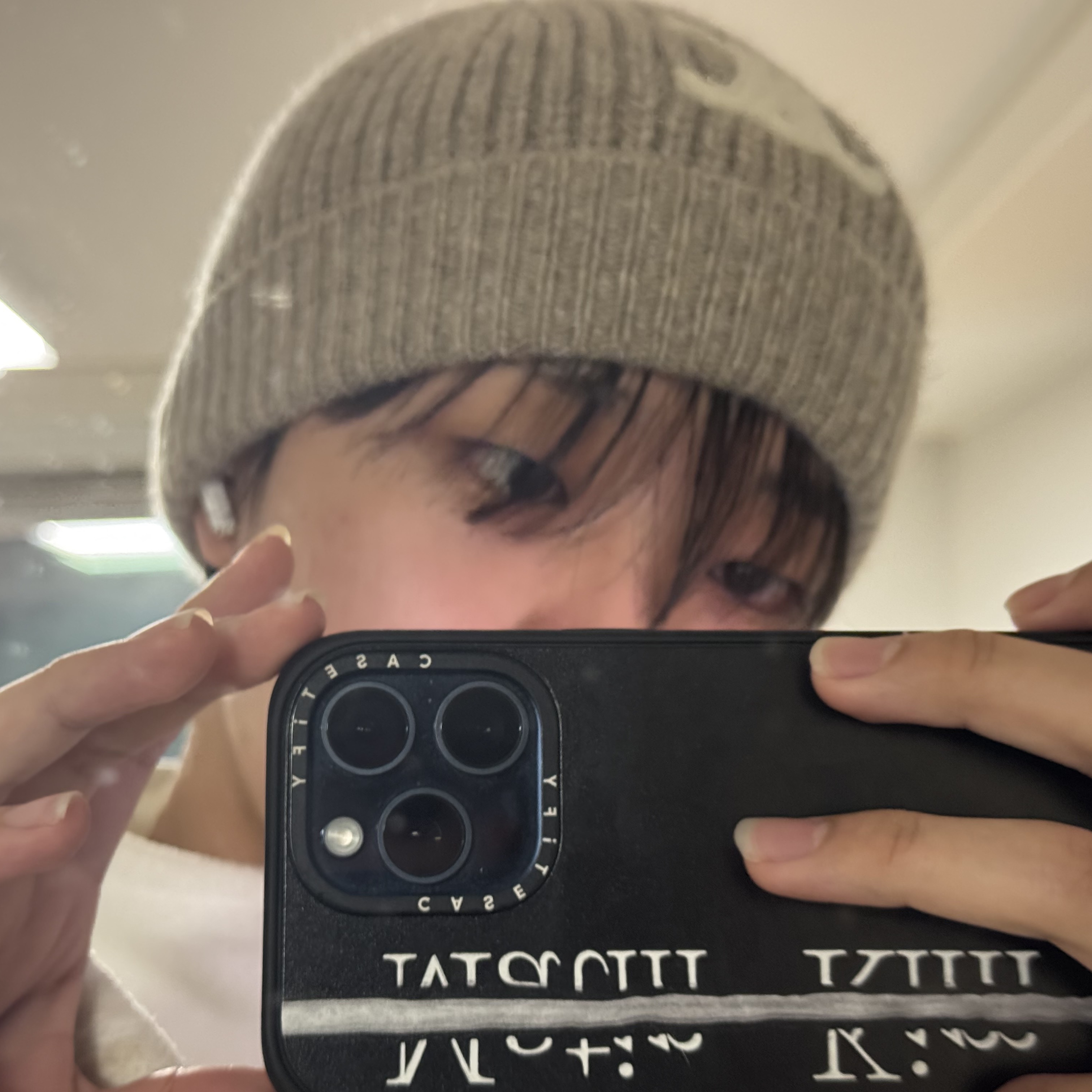 (W) Celine Triomphe Cloche Hat in Seamless Cashmere Sand, Casetify x Matin Kim iPhone Black Logo Magsafe Impact Case Matte Black 착용 스타일