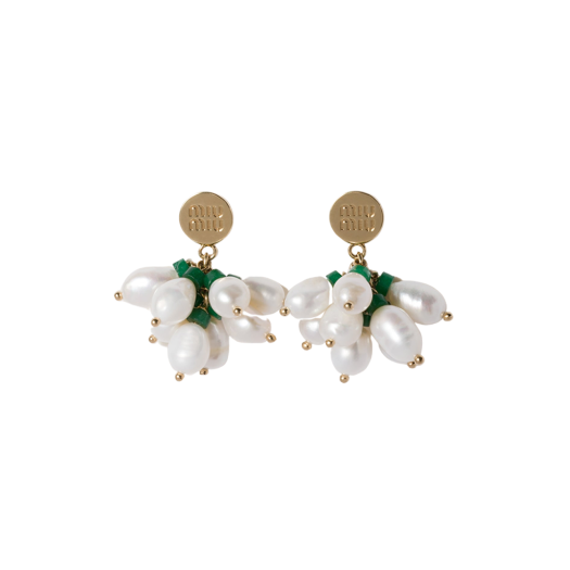 (W) Miu Miu Metal Earrings Gold Pearl Jade