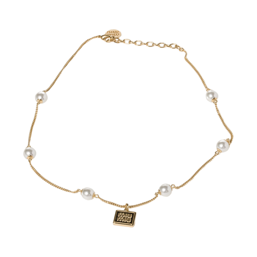 (W) Miu Miu Metal Pendant Necklace with Artificial Pearls Gold Cream