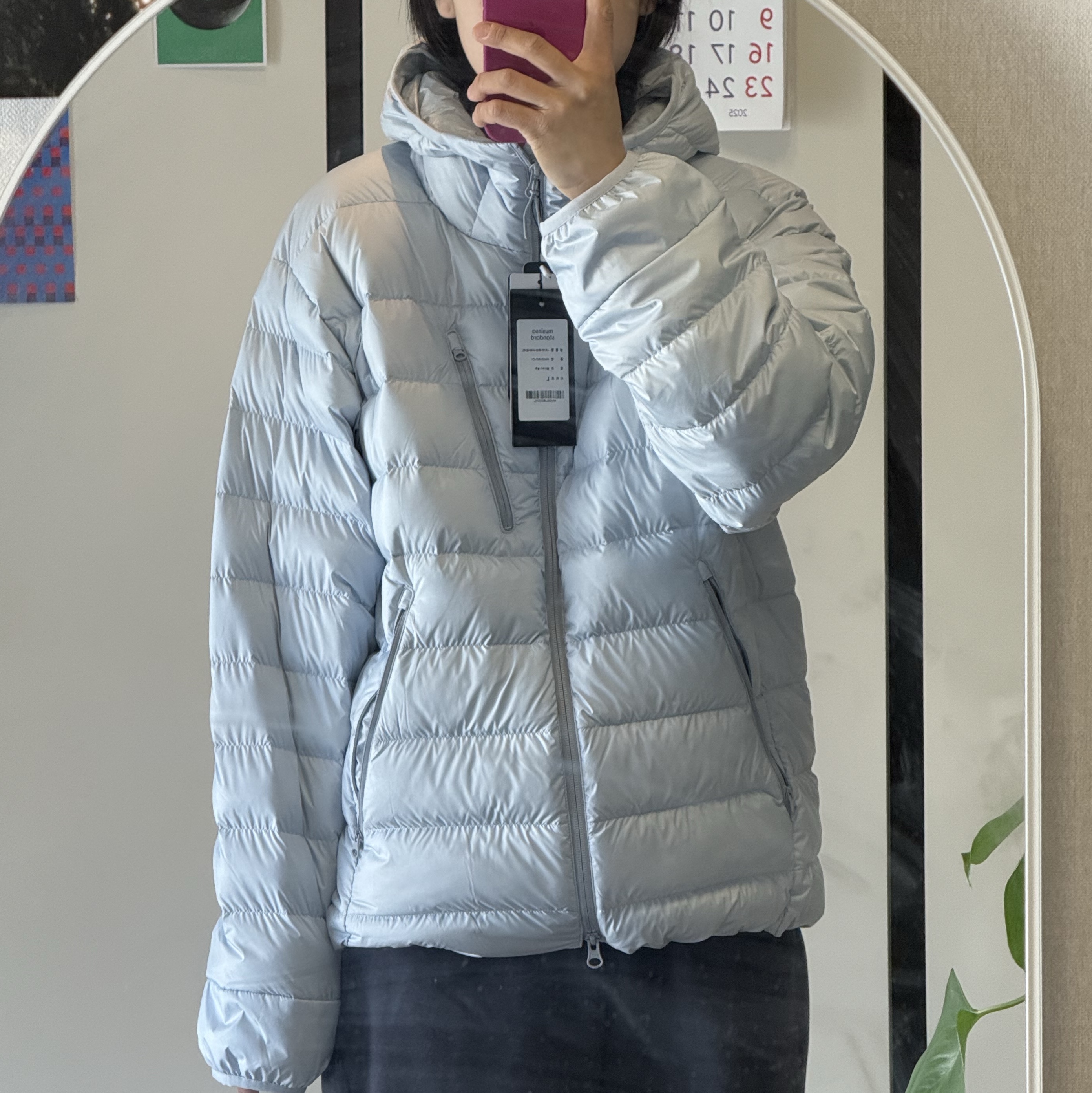 Musinsa Standard City Leisure Hooded Light Down Jacket Cloudy Blue 착용 스타일