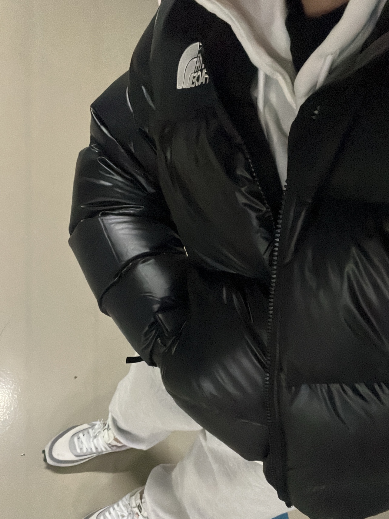 The North Face 1996 Eco Nuptse Jacket Real Black, Nike x Sacai LDWaffle Summit White 착용 스타일