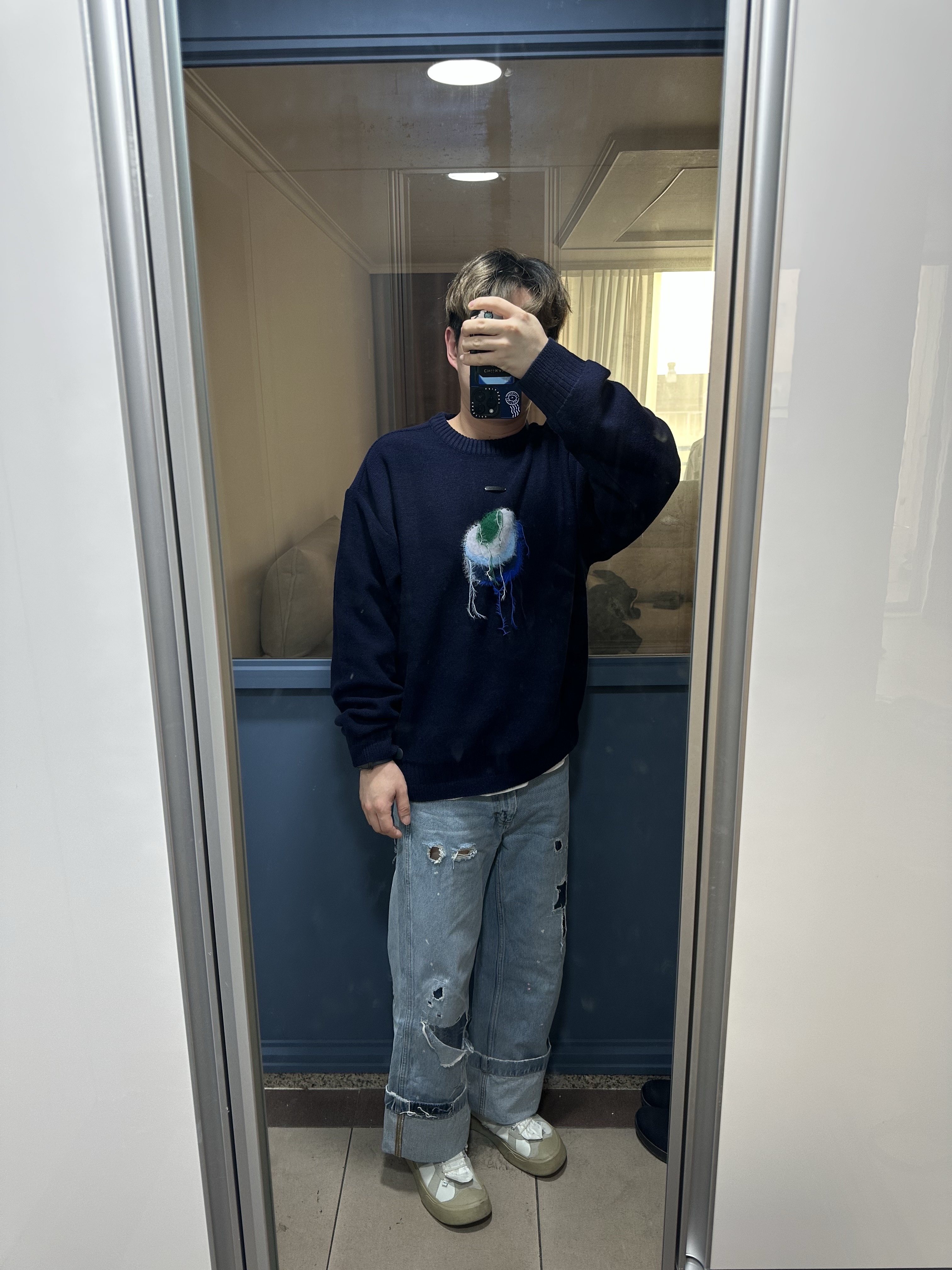 Zara x Ader Error Patchwork Jeans Blue, Camper x Ader Error Proto-240-S Cinder German Shoes 착용 스타일