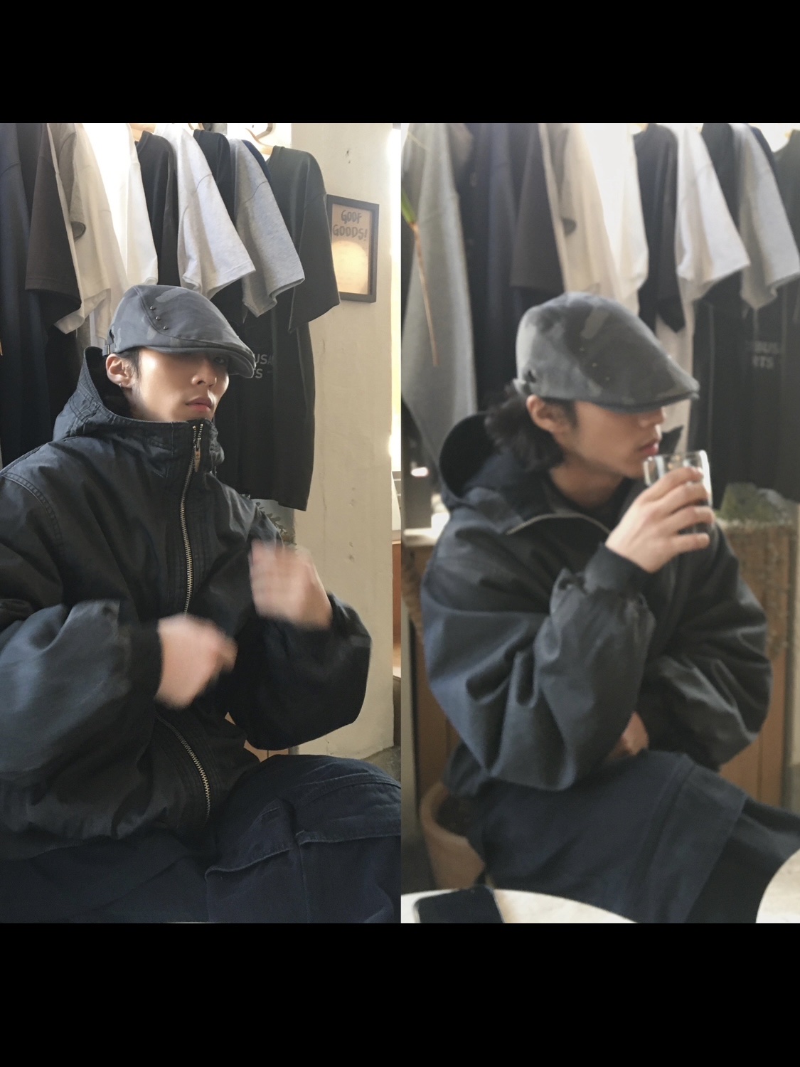 BLR Dyed Multi Pocket Nylon Work Jacket Grey, BLR Dyed Snowflakes Logo Washing Puffer Jacket Grey 착용 스타일 - 3