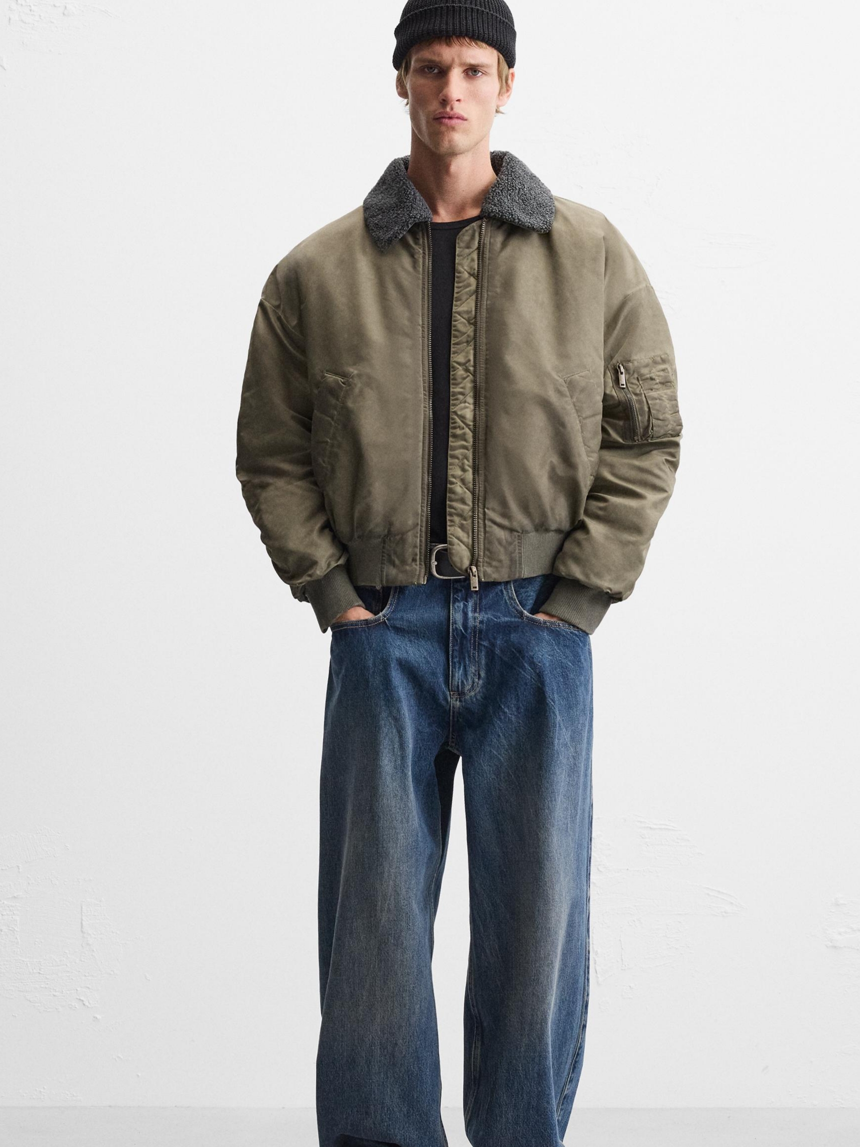 Zara Bomber Jacket with Detachable Collar Green, Project G/R Unbalanced Reworked Bomber Jacket Khaki 착용 스타일