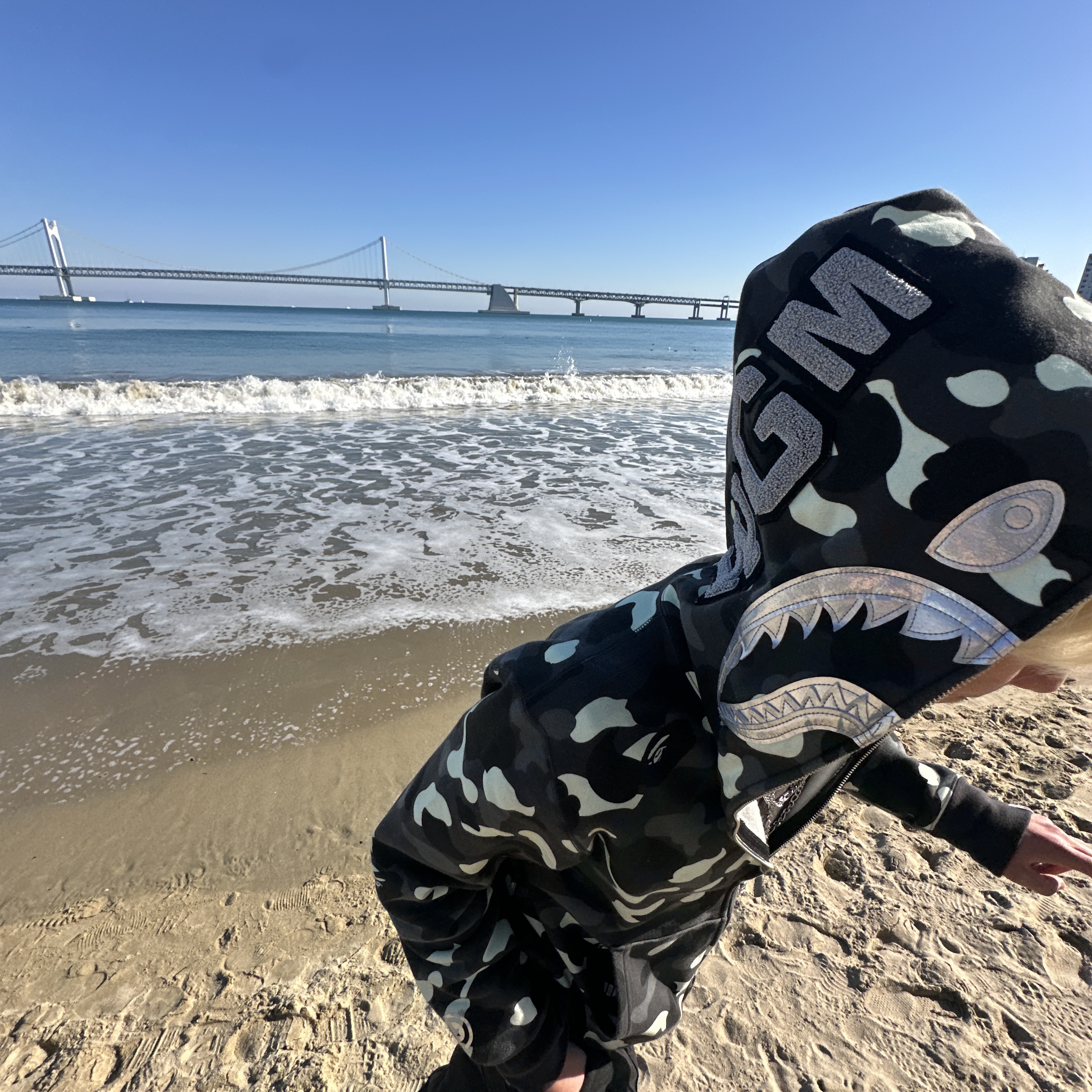 BAPE City Camo Shark Full Zip Hoodie Black 착용 스타일 - 1