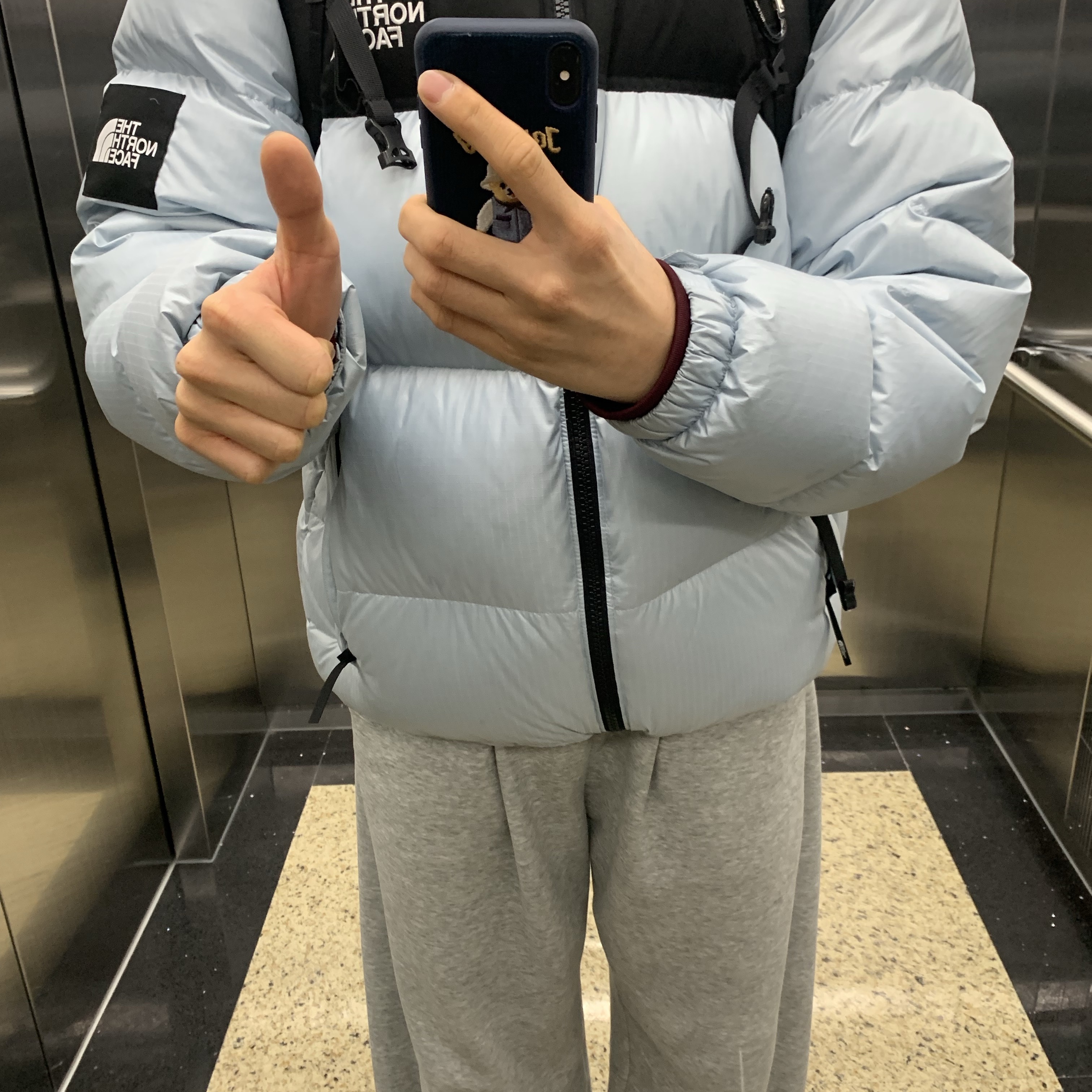 The North Face White Label Novelty Nuptse Down Jacket Sky Blue 착용 스타일