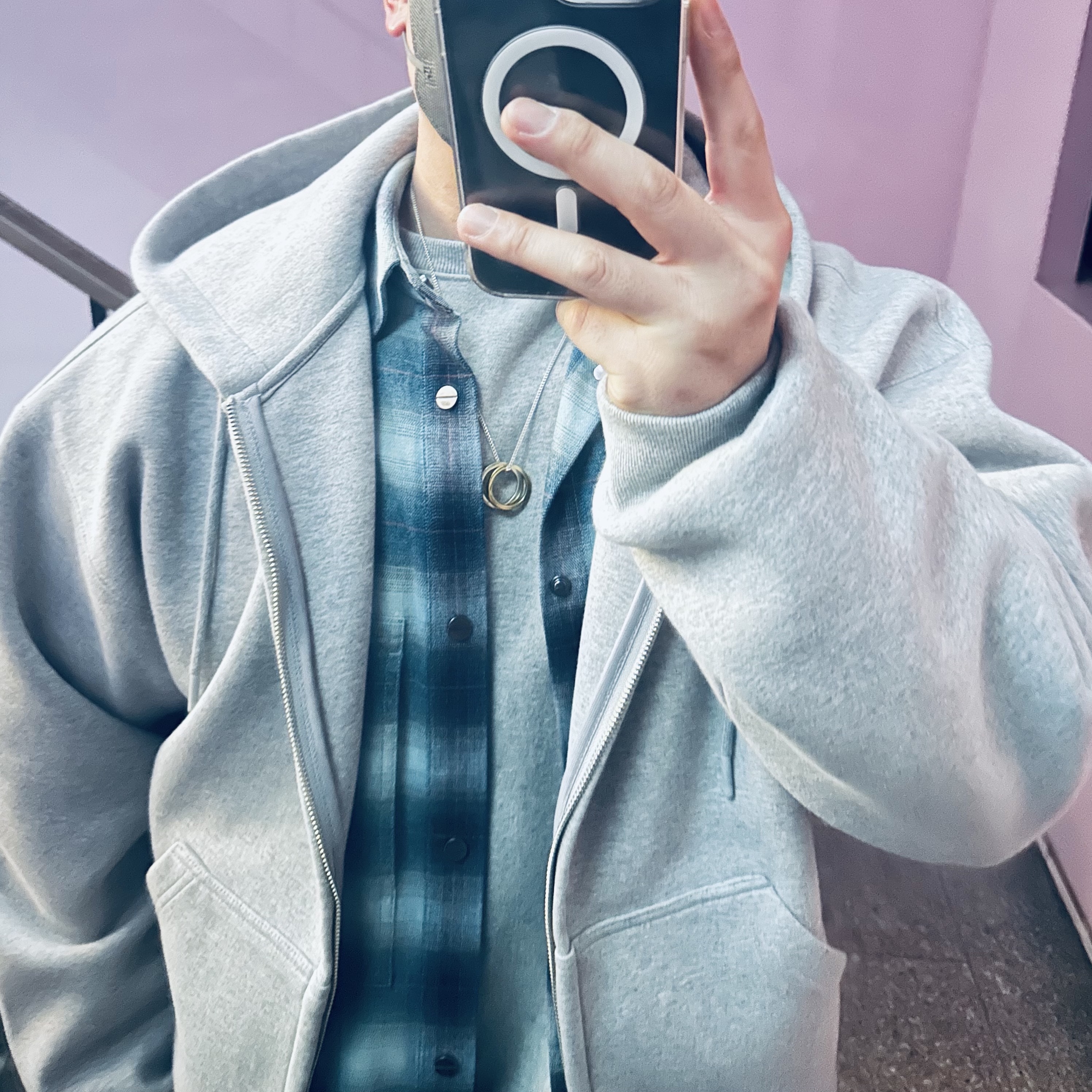 Nonnod Scuba Zip Hoodie Grey, Wooyoungmi Check Shirt Blue - 22FW 착용 스타일