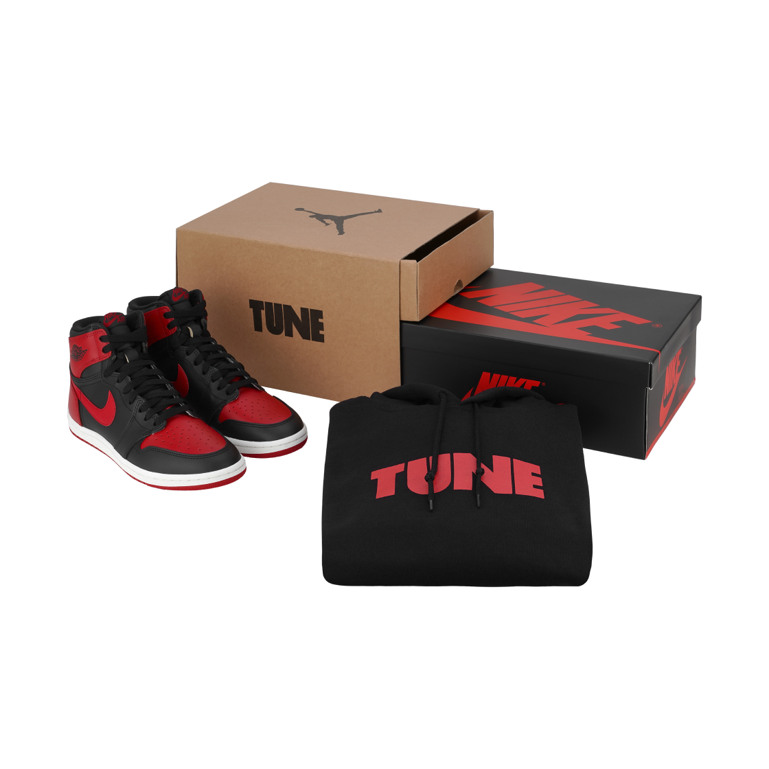 조던 1 x 튠 하이 85 브레드 (스페셜 패키지)(Jordan 1 x Tune High 85 Bred (Special Package))