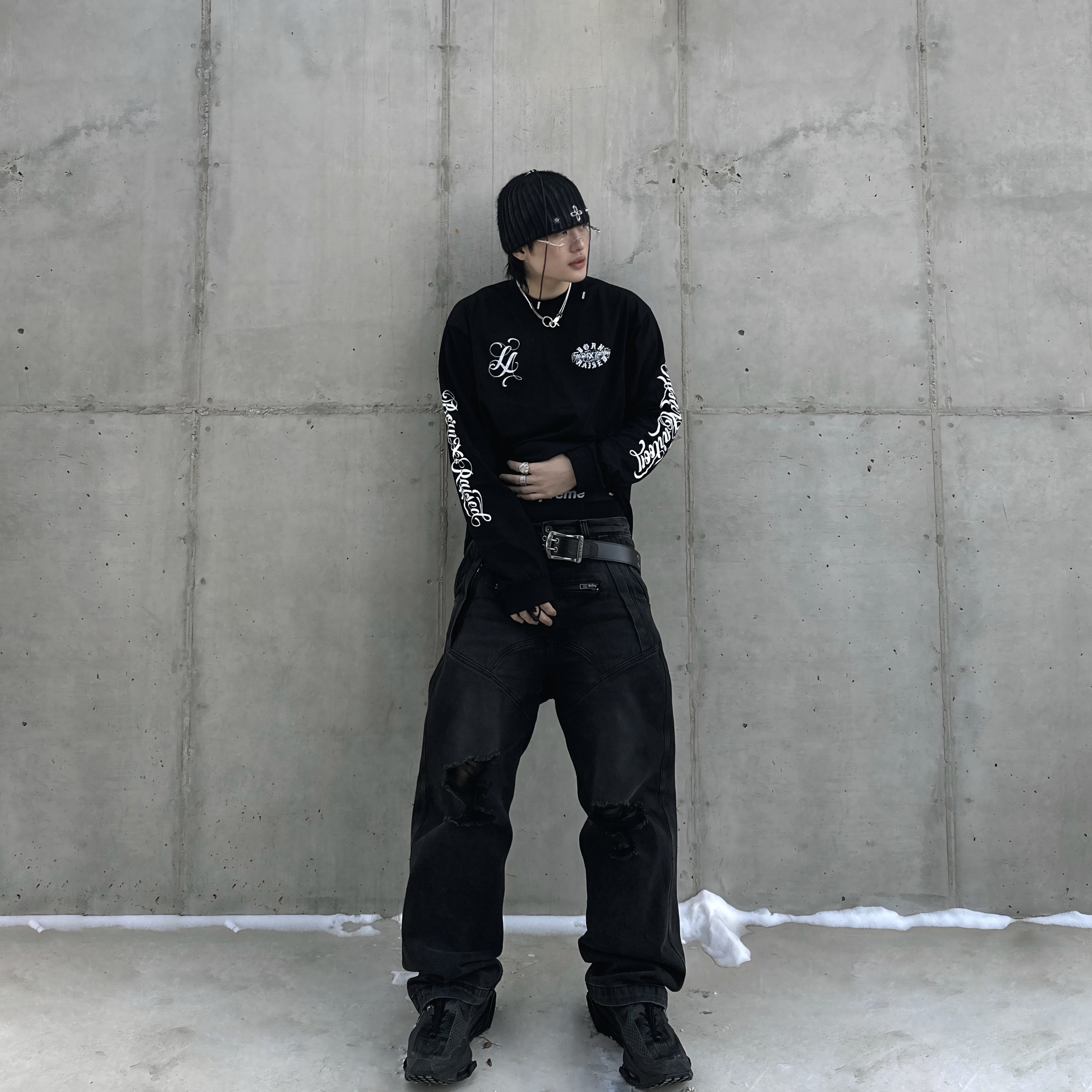 Icyto Shield Jeans Black, Nike x Matthew M Williams Zoom 004 Triple Black 착용 스타일 - 6