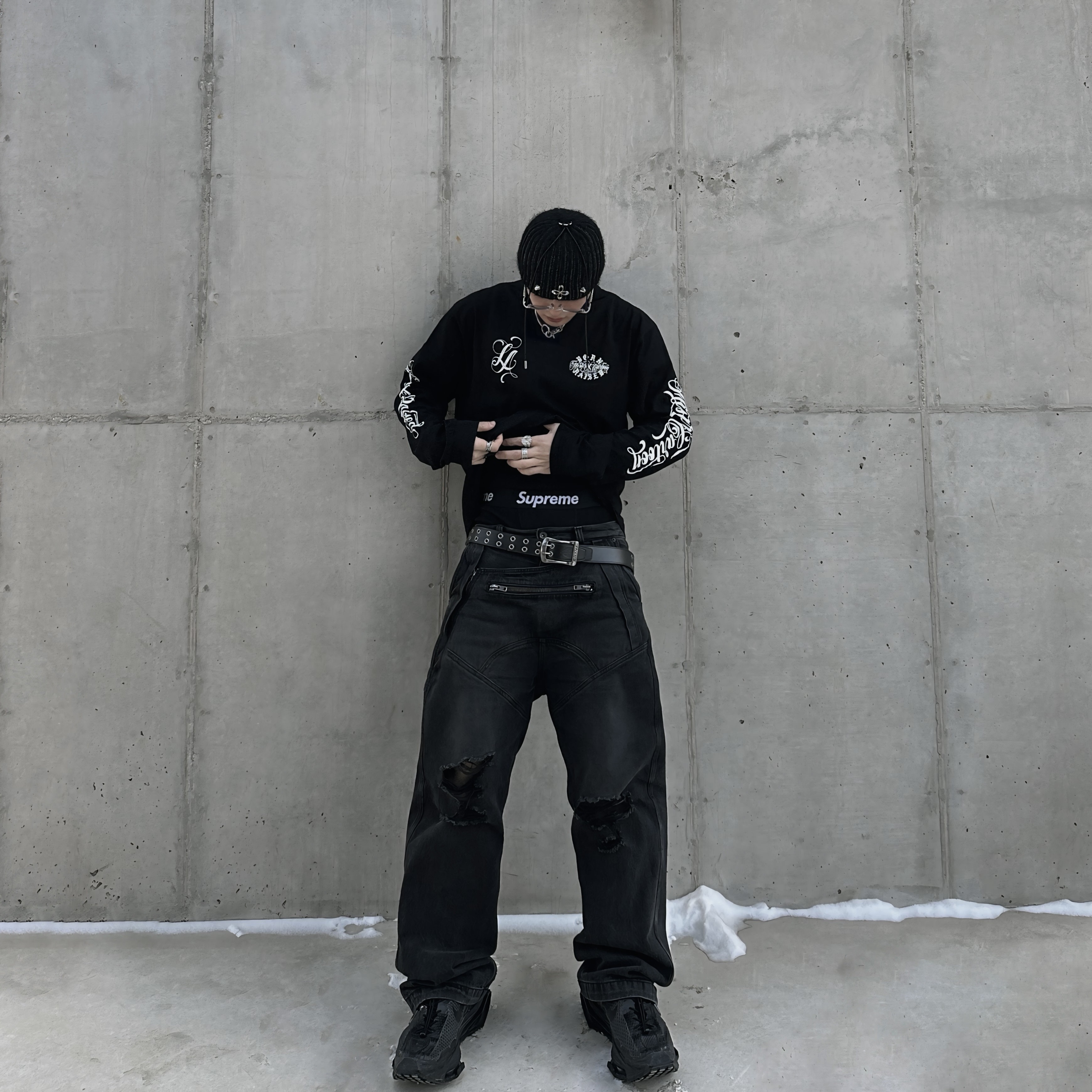 Icyto Shield Jeans Black, Nike x Matthew M Williams Zoom 004 Triple Black 착용 스타일 - 7