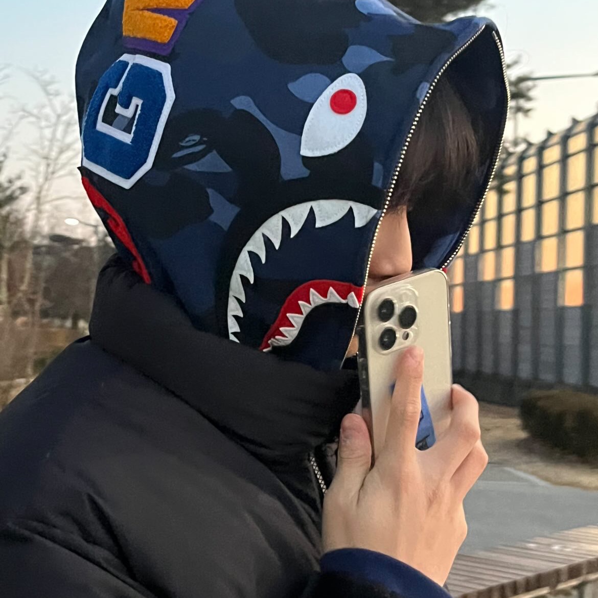 BAPE Color Camo Shark Full Zip Hoodie Navy 착용 스타일