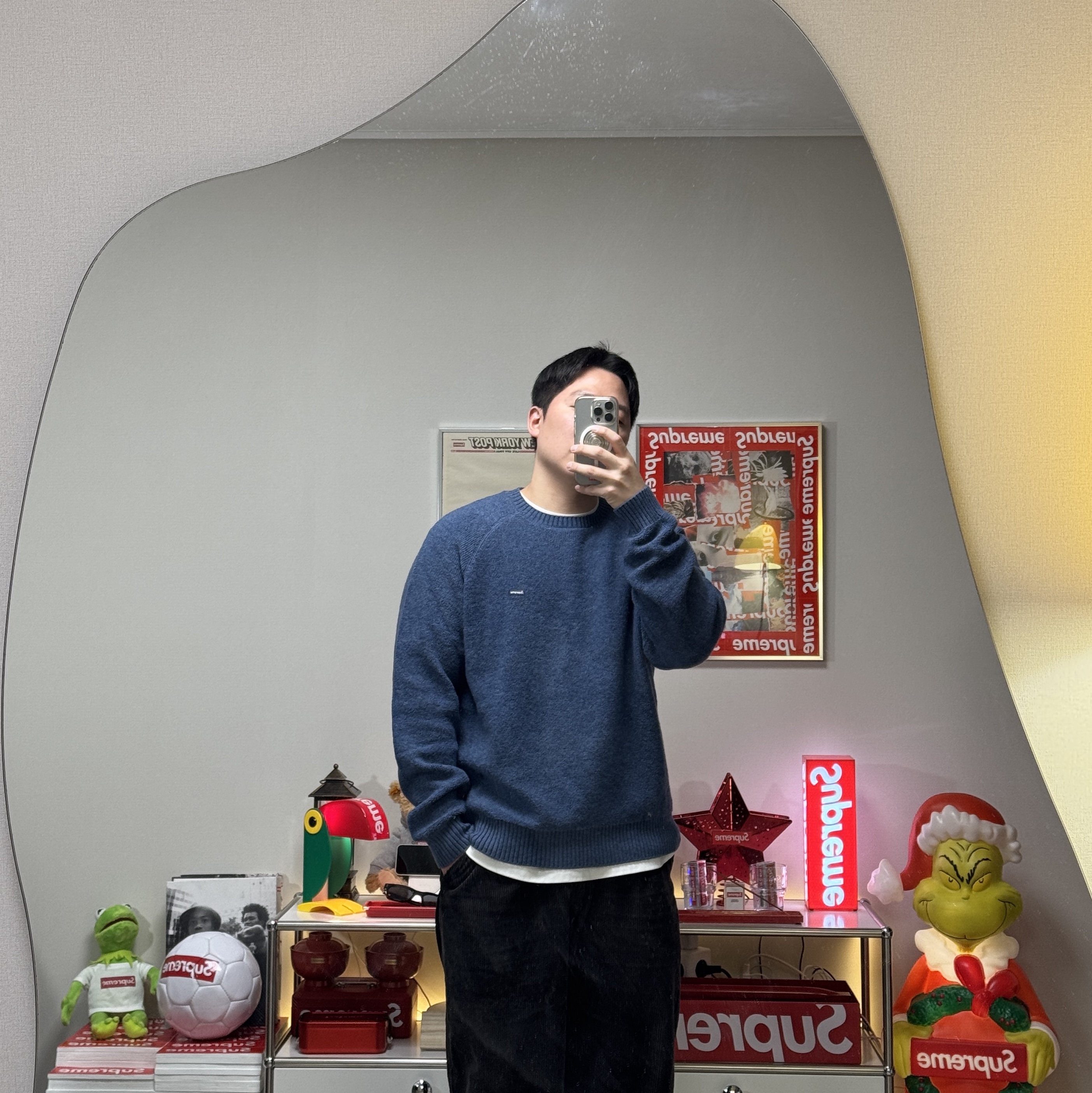 Supreme Terry Small Box Sweater Blue - 24FW 착용 스타일 - 3