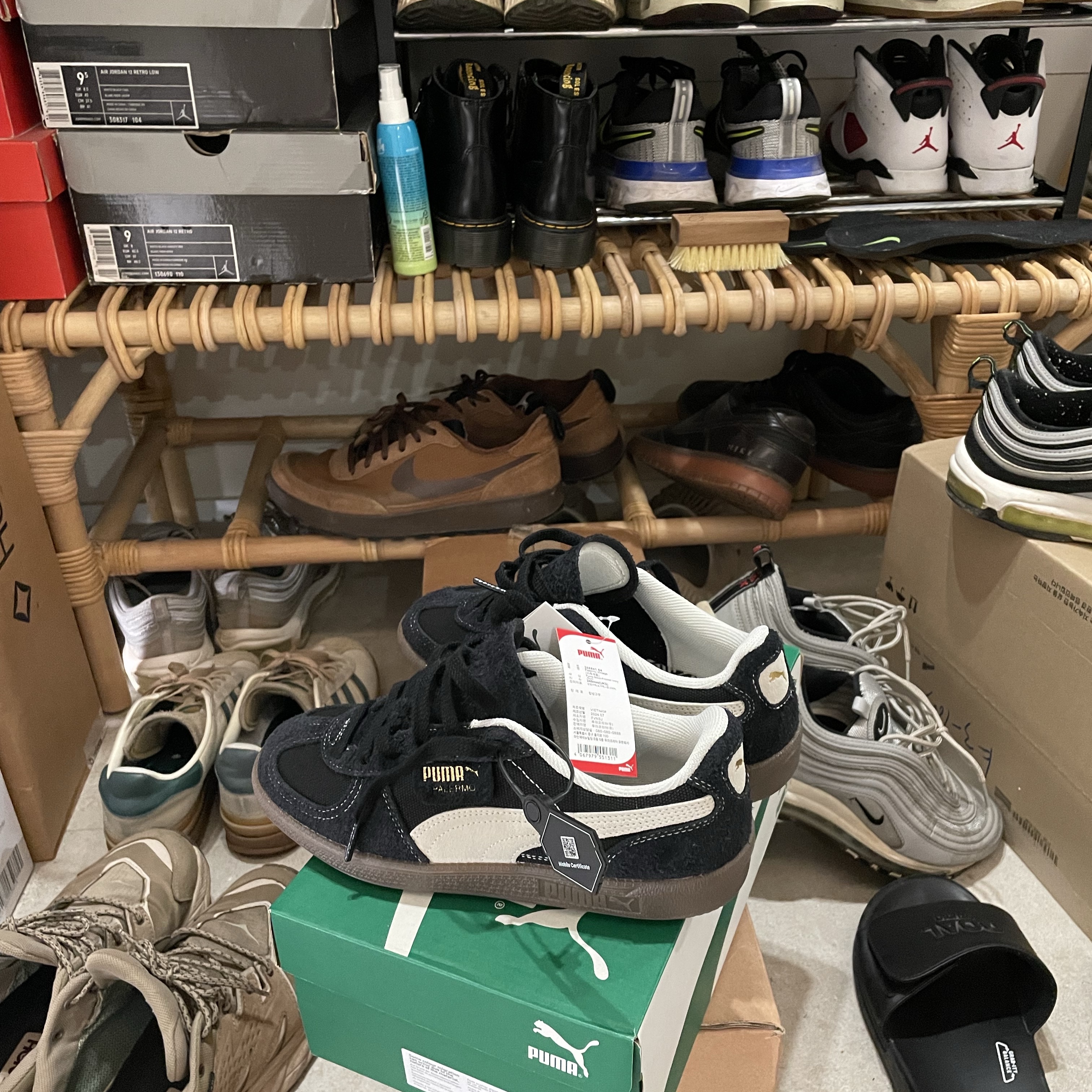 Puma Palermo Vintage Black, (W) Adidas Gazelle Bold Cream White Collegiate Green 착용 스타일
