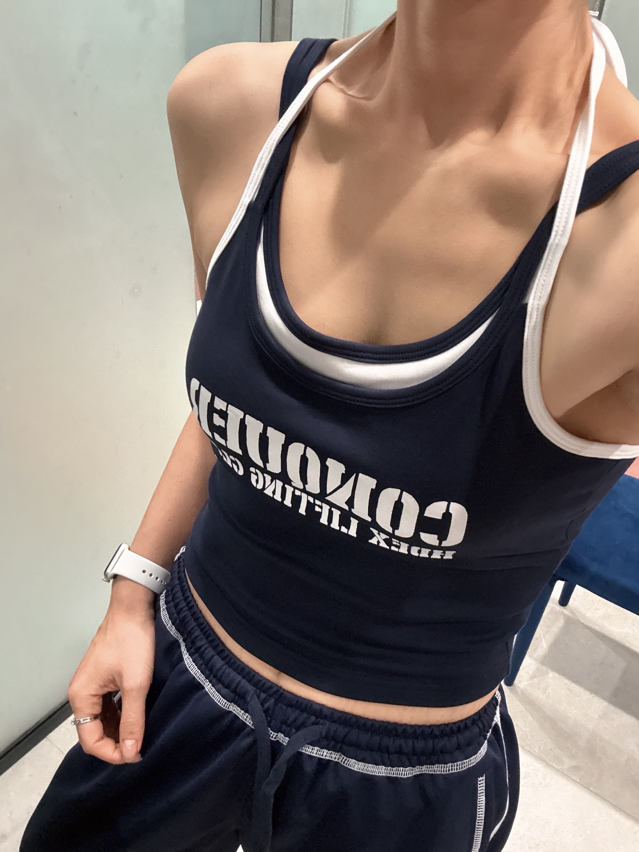 HDEX Womens Double String Halter Tank Top Navy, HDEX Giant Fit 85 Mesh Wide Pants Navy 착용 스타일 - 1