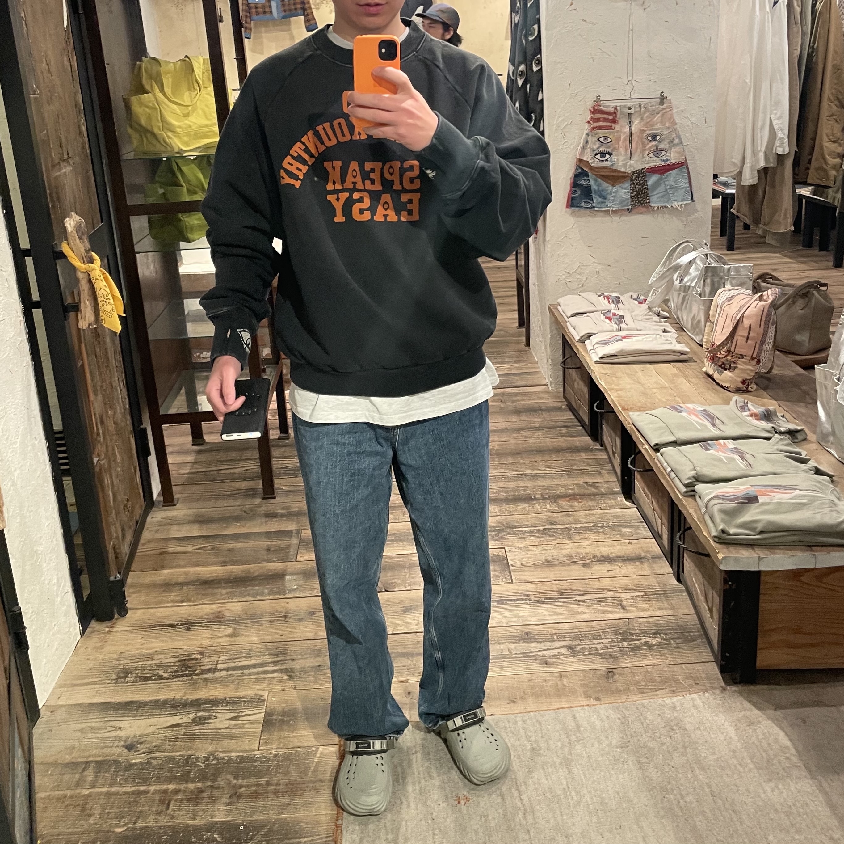 Kapital Raglan Crewneck Fleece Sweatshirt Speakeasy College Pt Black 착용 스타일
