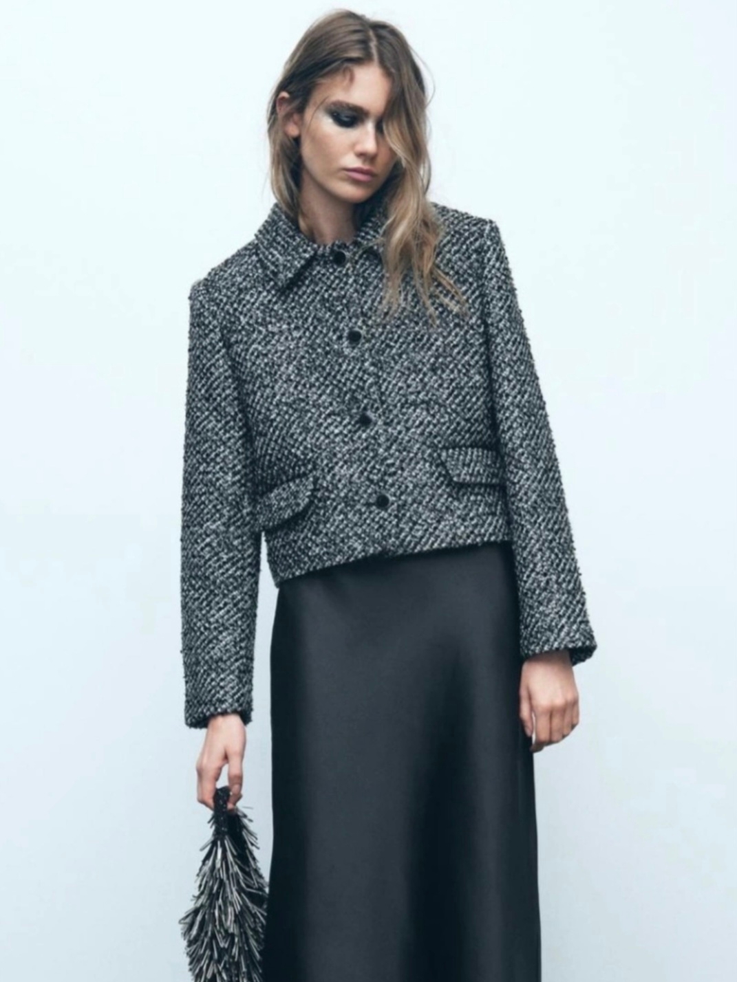(W) Zara Sequin Textured Jacket Charcoal Grey 착용 스타일