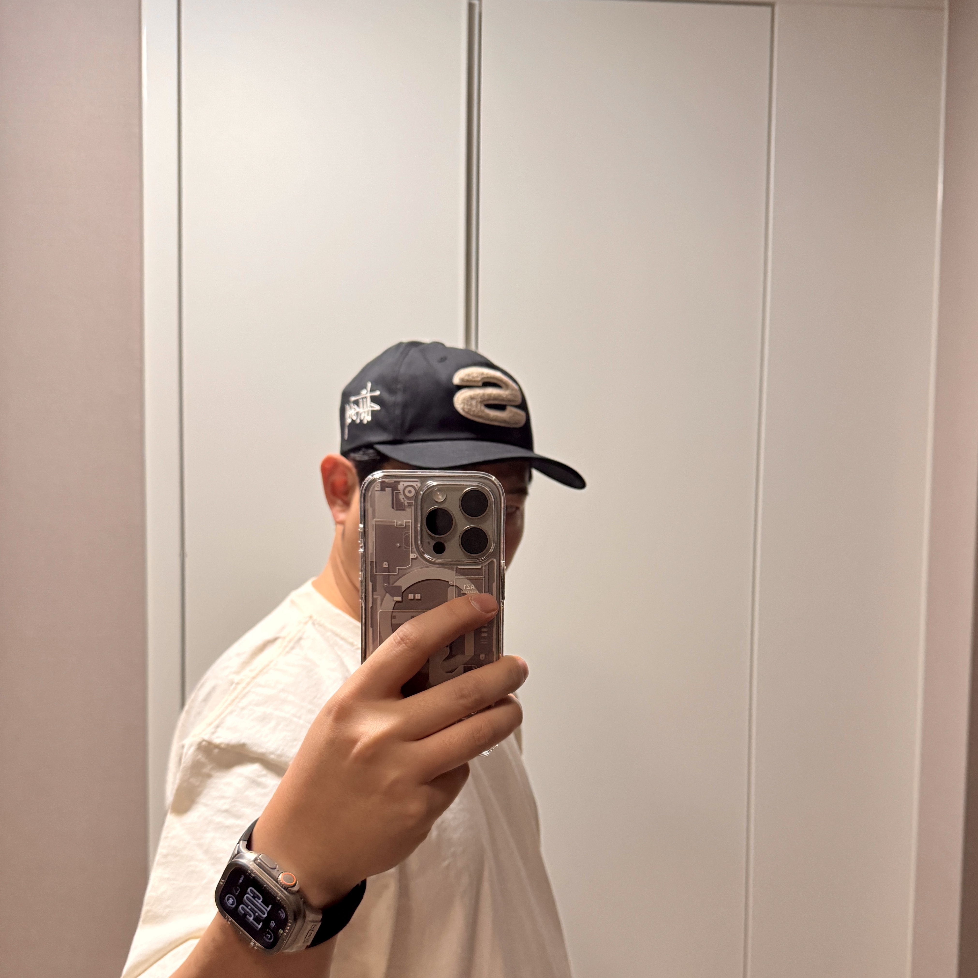 Stussy Chenille S Low Pro Cap Shadow, Stussy Buana Pigment Dyed T-Shirt Natural 착용 스타일 - 4