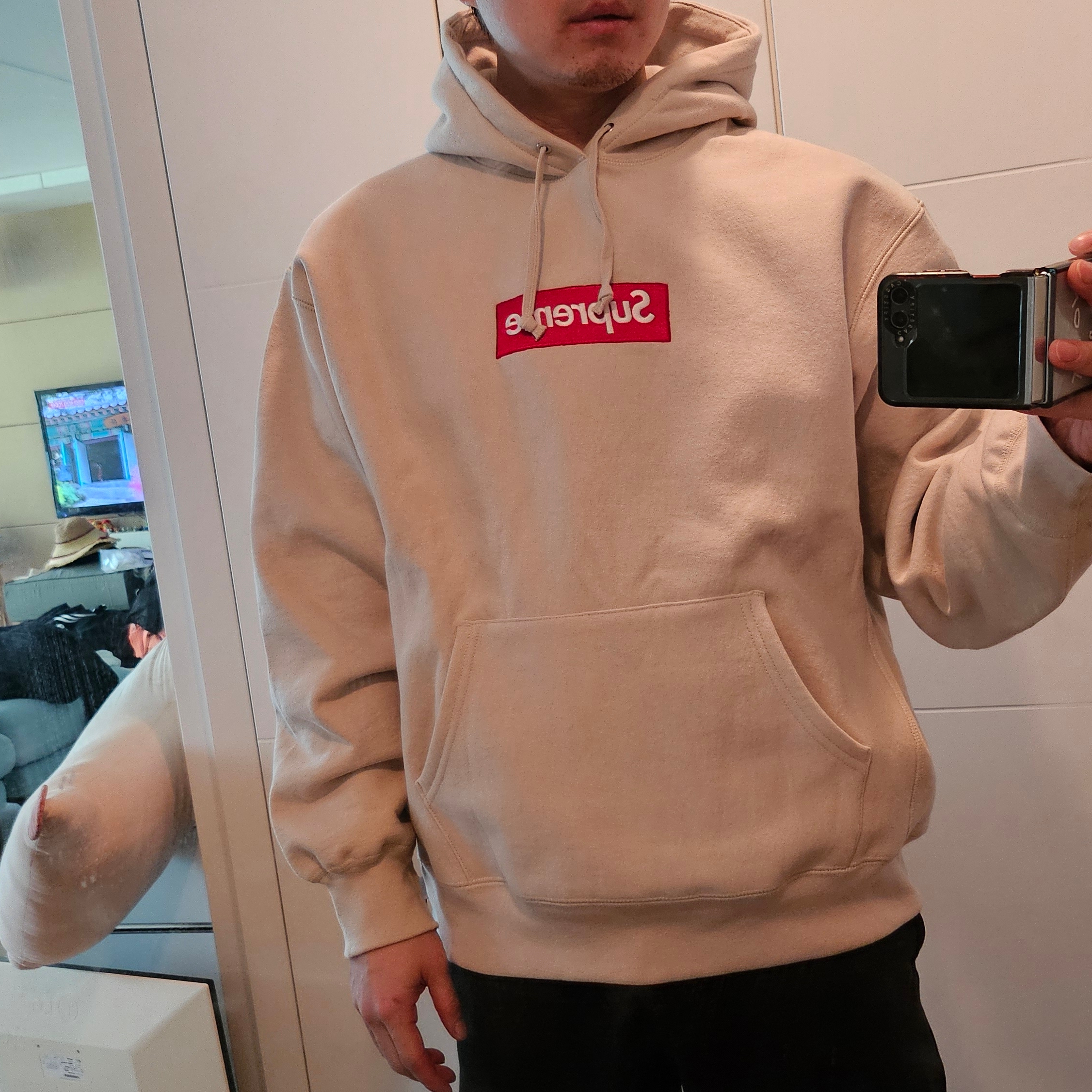 Supreme Box Logo Hooded Sweatshirt Stone - 24FW 착용 스타일