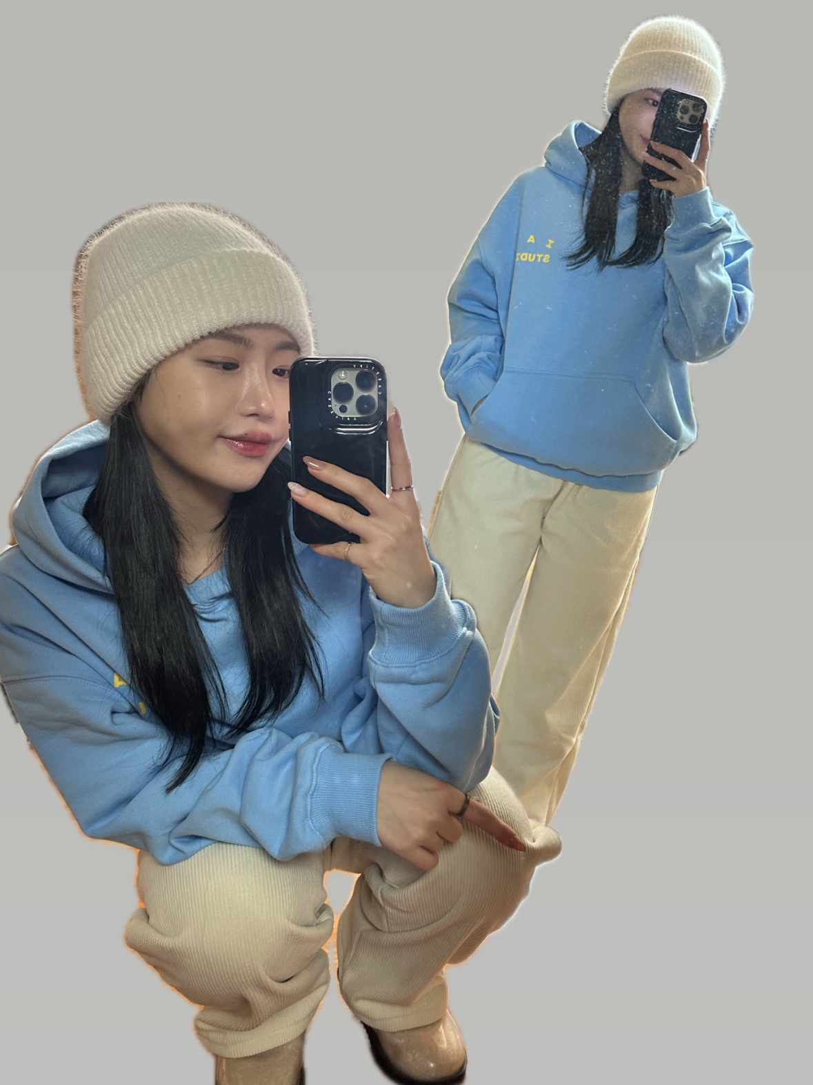 IAB Studio Hoodie Sky Blue Lemon, (W) UGG Classic Clear Mini Boots Natural Black 착용 스타일