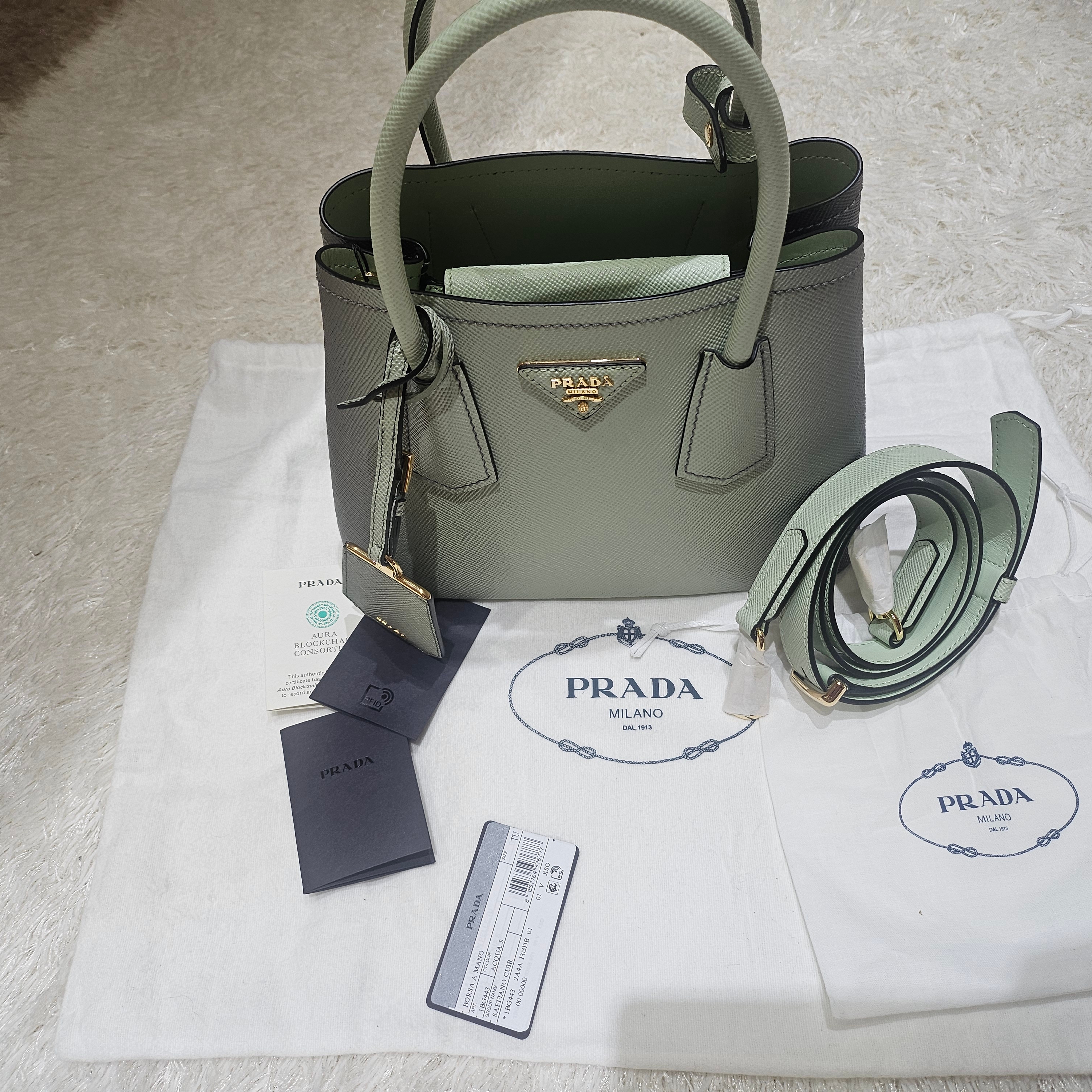 Prada Double Saffiano Leather Mini Bag Gradient Aqua 착용 스타일