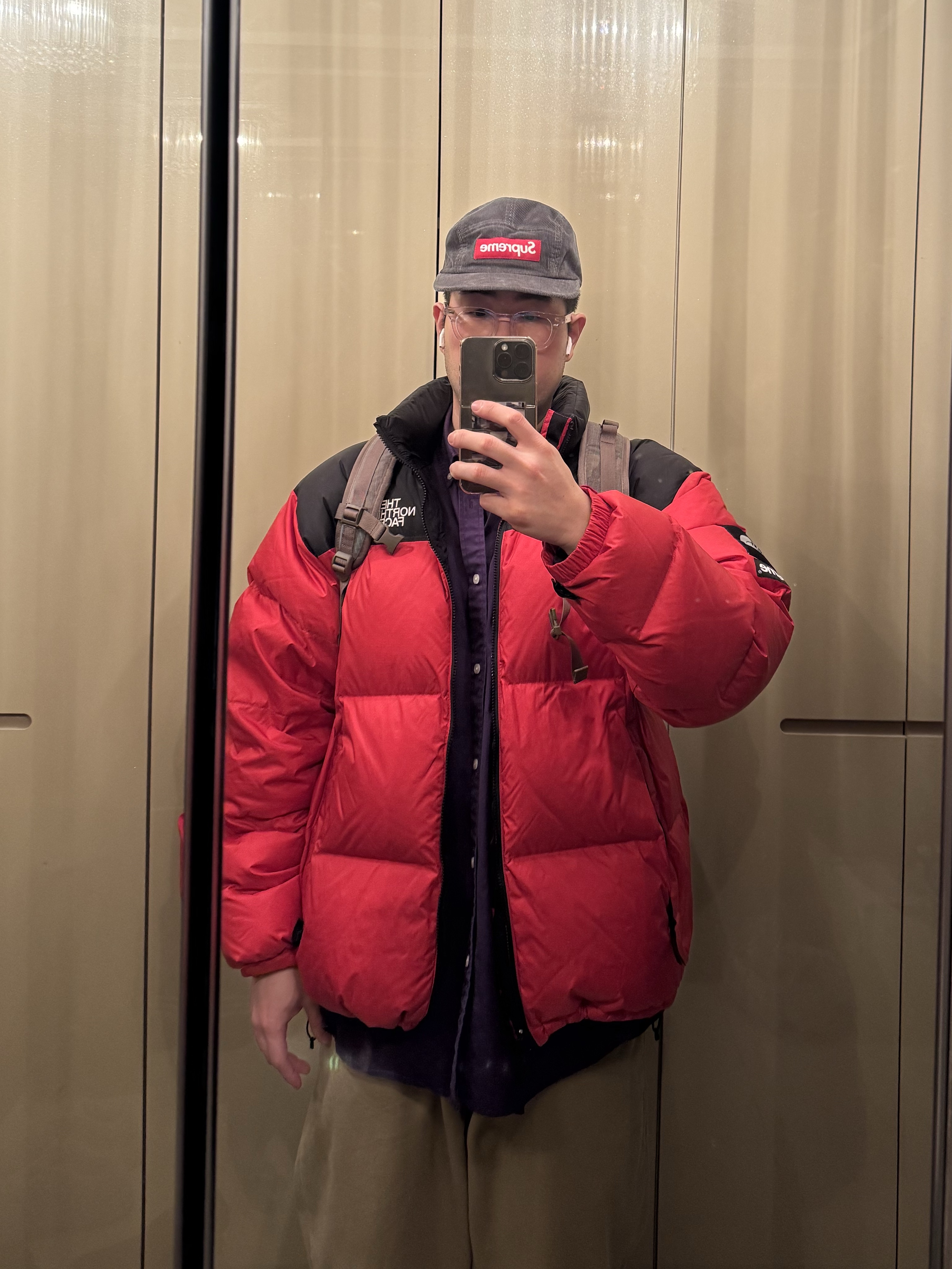 Supreme Corduroy Camp Cap Grey - 23FW, Supreme x The North Face Nuptse Jacket Red - 24FW 착용 스타일