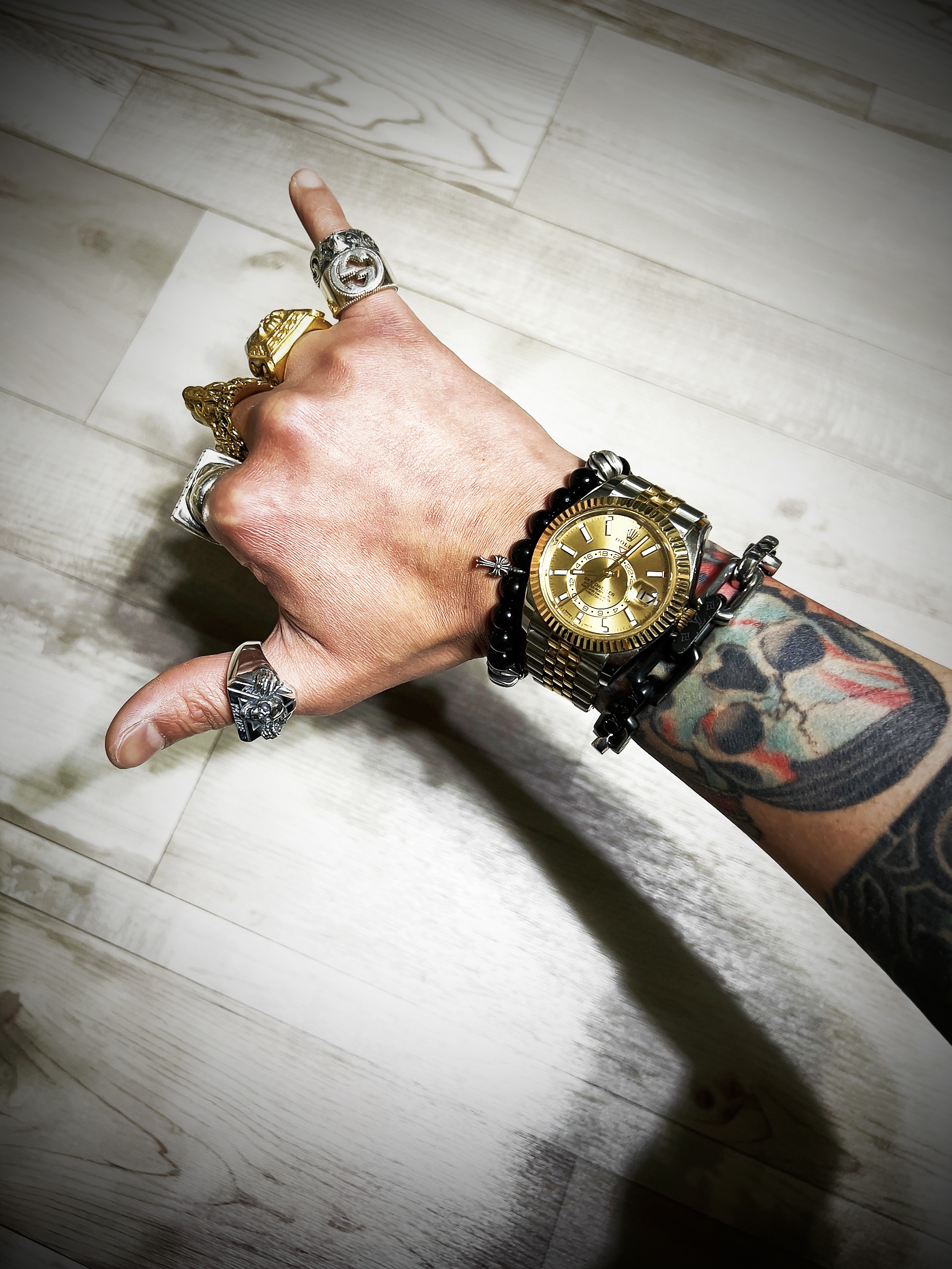 Dior x Stone Island Signet Ring and Black Resin Silver, Palace TGF Tri-Skull Ring Silver - 24FW 착용 스타일 - 5
