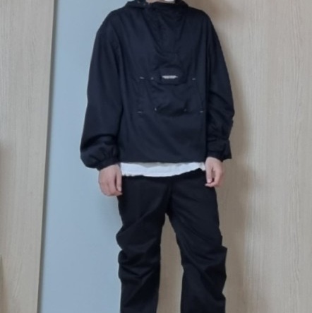 NOMANUAL Cowichan Hooded Zip-up Navy, NOMANUAL Penon Wind Shell Black 착용 스타일 - 1