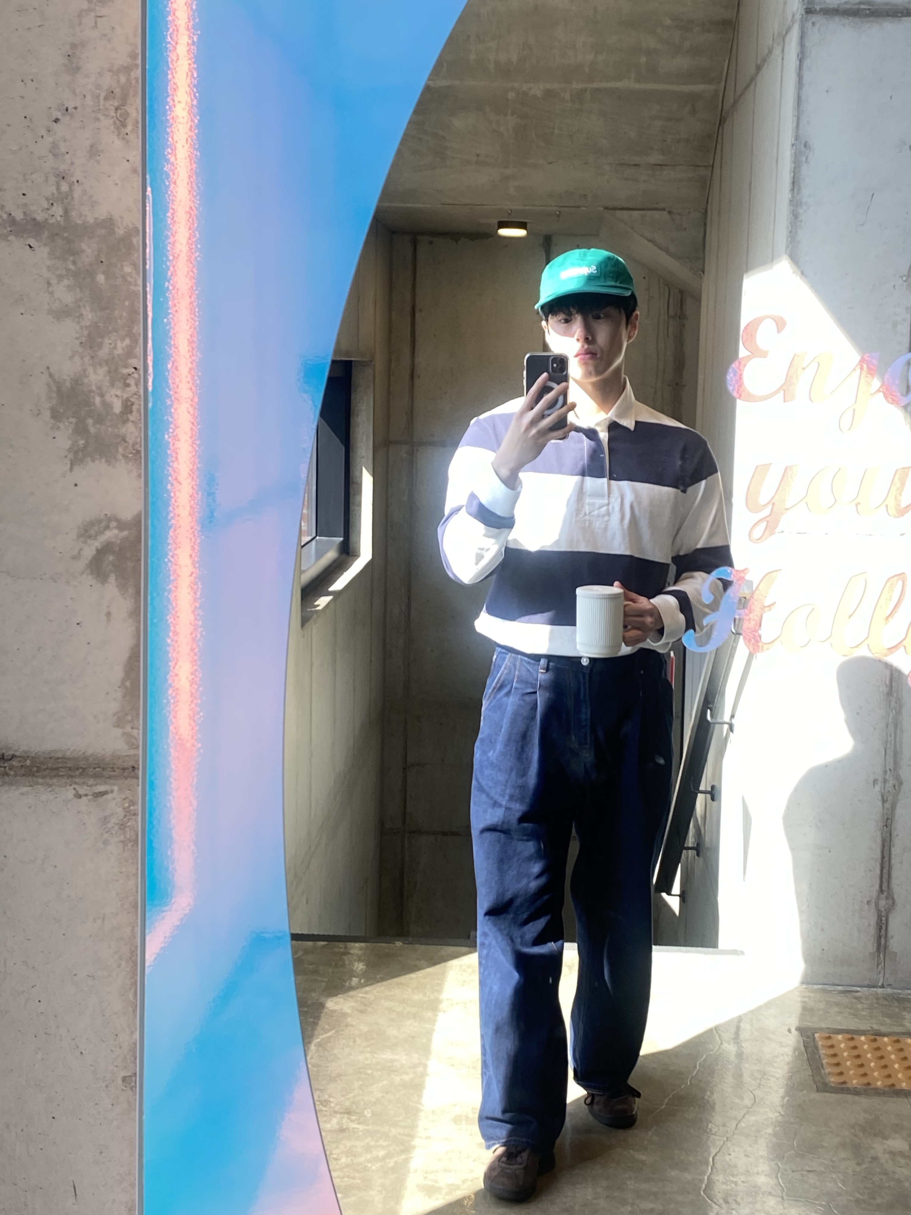 Supreme Washed Chino Twill Camp Cap Green - 24FW, Uniqlo x JW Anderson Oversized Rugger Stripe Polo Shirt Navy - KR 착용 스타일