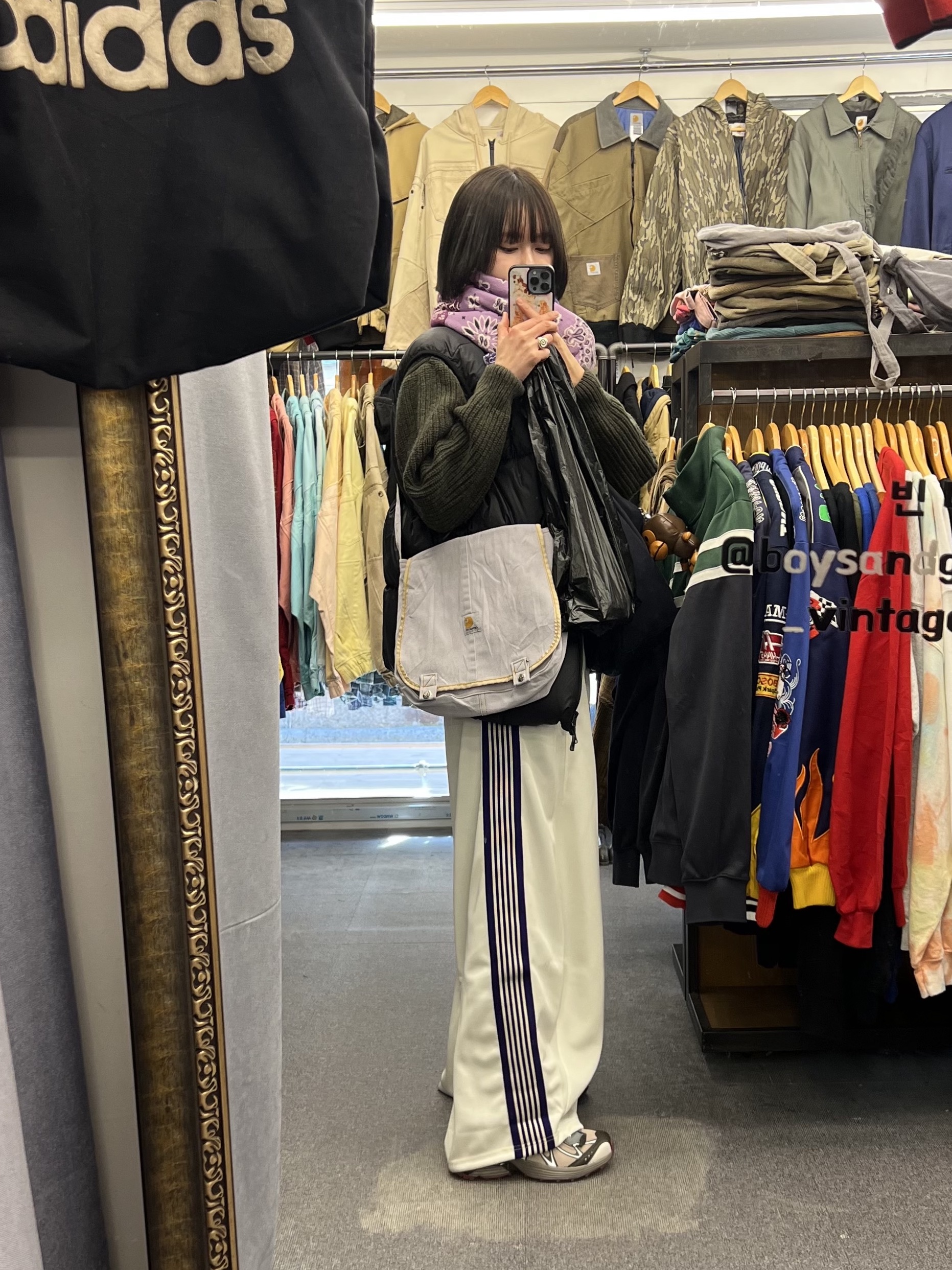 Needles H.D. Track Pants Poly Smooth White Purple, Salomon XT-Whisper Oxford Tan Sedona Sage 착용 스타일 - 1