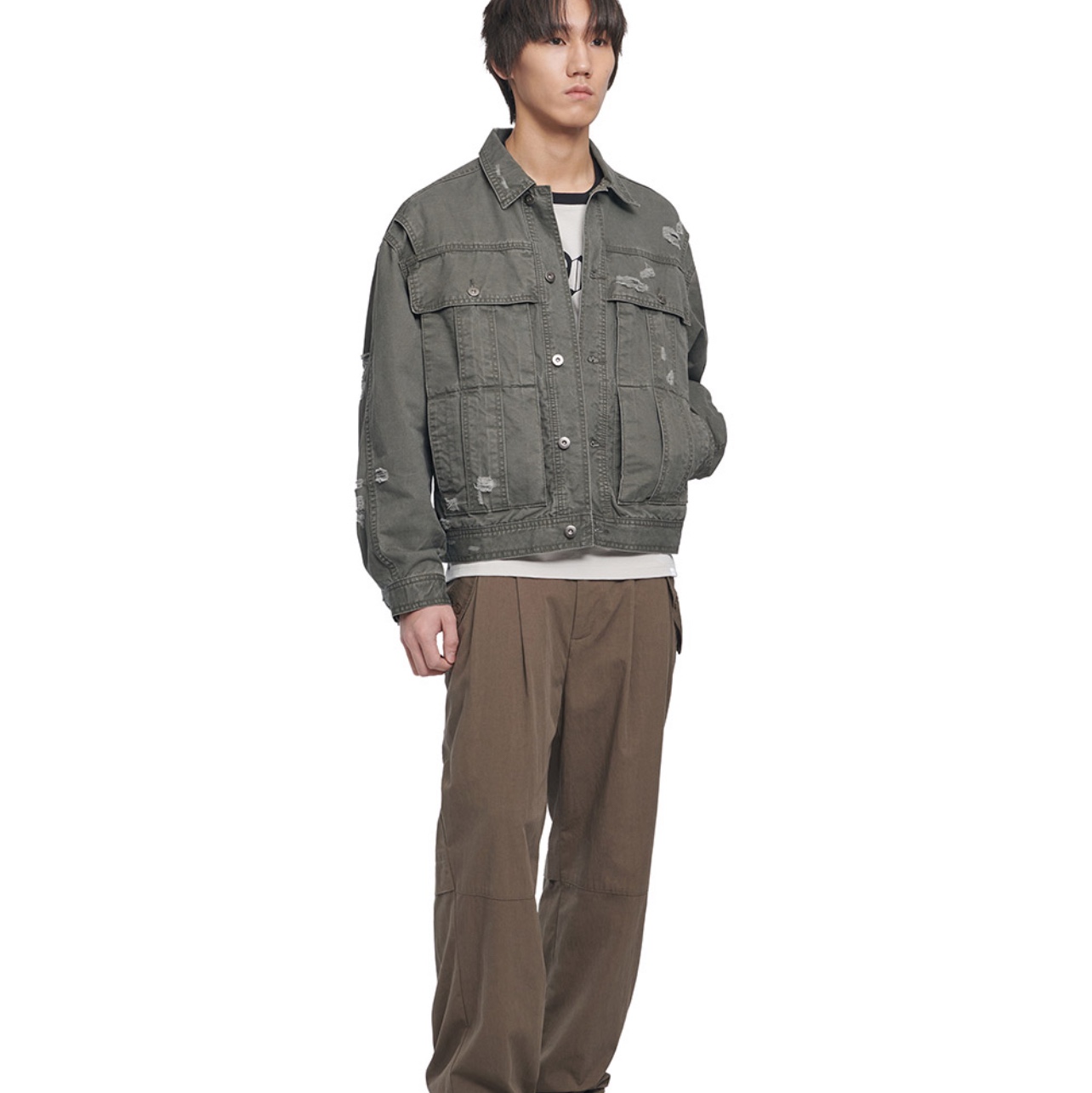 NOMANUAL O.D Check Shirt Black, NOMANUAL I.P Damaged Jacket Khaki Gray 착용 스타일 - 2