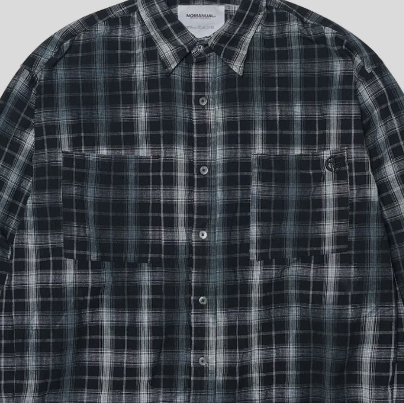 NOMANUAL O.D Check Shirt Black 착용 스타일