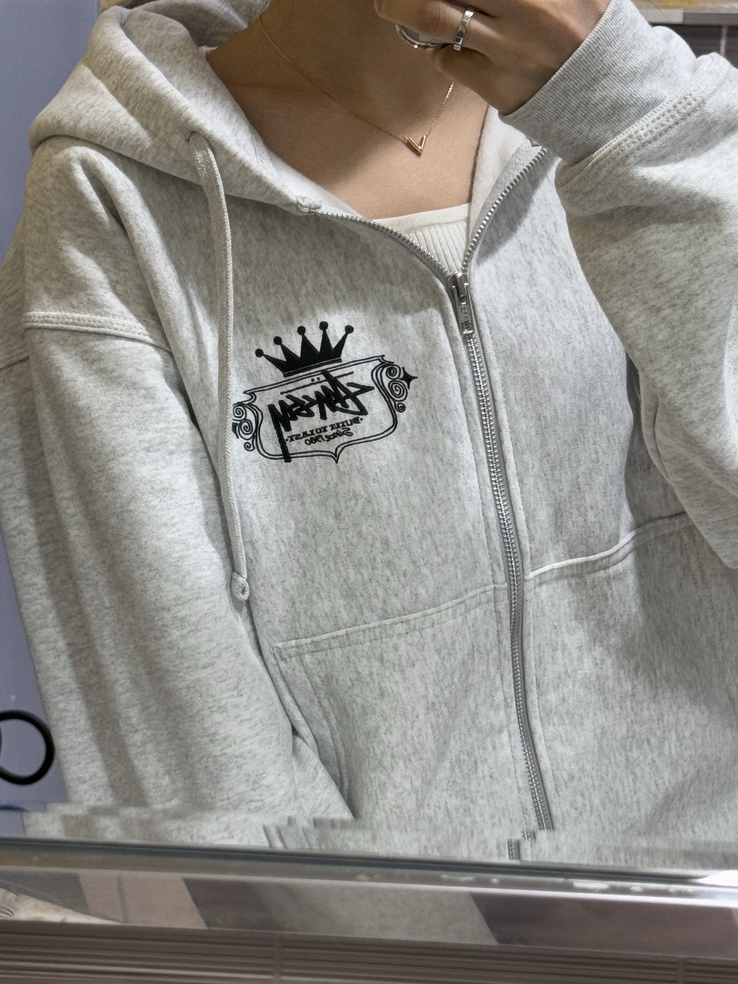 Stussy Built To Last Zip Hoodie Ash Heather 착용 스타일 - 1
