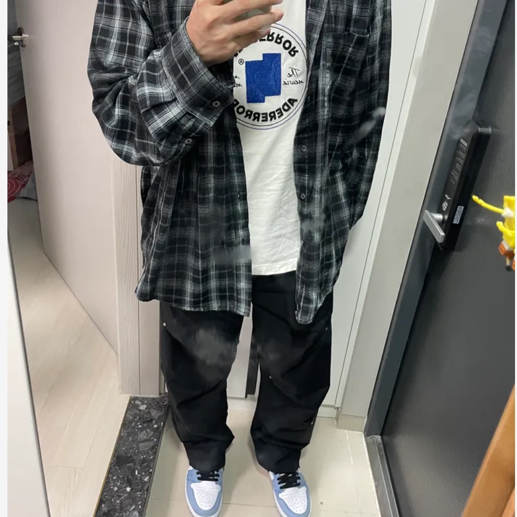 NOMANUAL O.D Check Shirt Black, Jordan 1 Retro High OG University Blue 착용 스타일