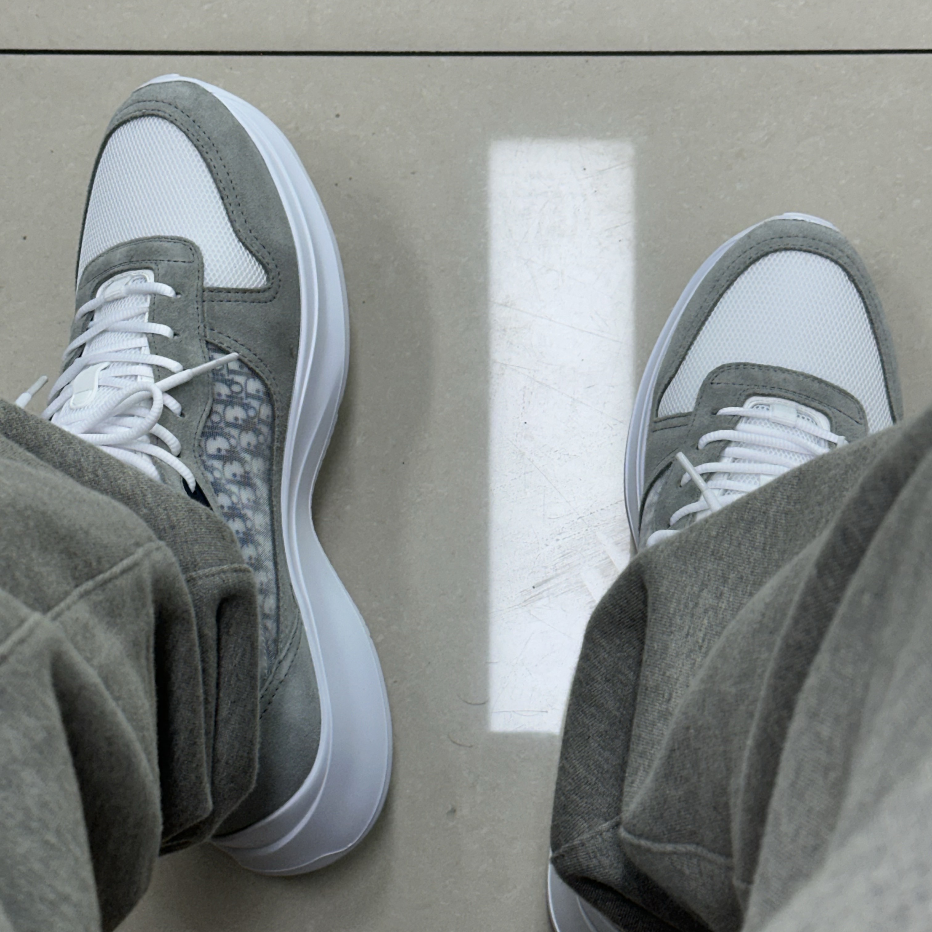 Dior B25 Runner Sneakers Gray Suede White Technical Mesh Blue White Dior Oblique Canvas 착용 스타일