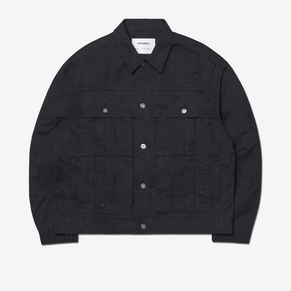 NOMANUAL Penon Wind Shell Black, NOMANUAL I.P Damaged Jacket Washed Black 착용 스타일 - 2