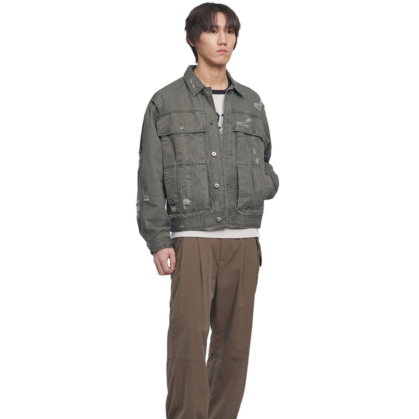 NOMANUAL O.D Check Shirt Black, NOMANUAL I.P Damaged Jacket Khaki Gray 착용 스타일 - 2