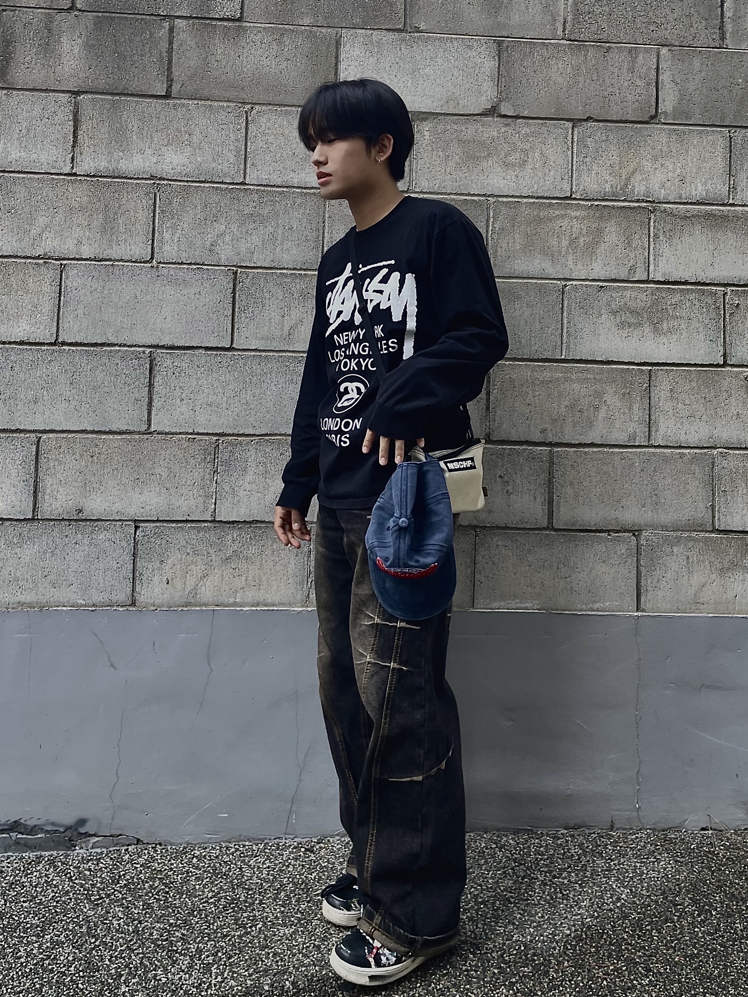 Nike x Peaceminusone Air Force 1 Low Para-Noise, Stussy World Tour LS T-Shirt Black 착용 스타일 - 2