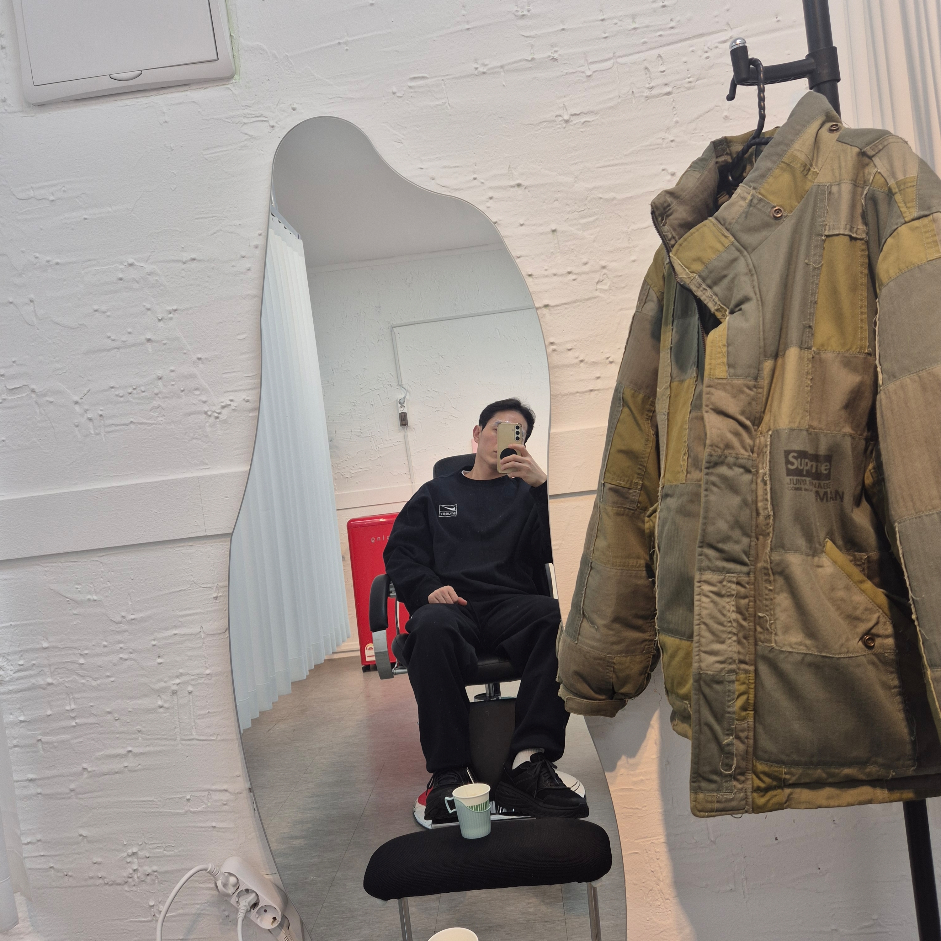 Supreme x Comme des Garcons Junya Watanabe Man Patchwork Puffy Jacket Olive - 21FW, Nike x Stussy NRG Washed Fleece Crewneck Black (DO5310-010) 착용 스타일