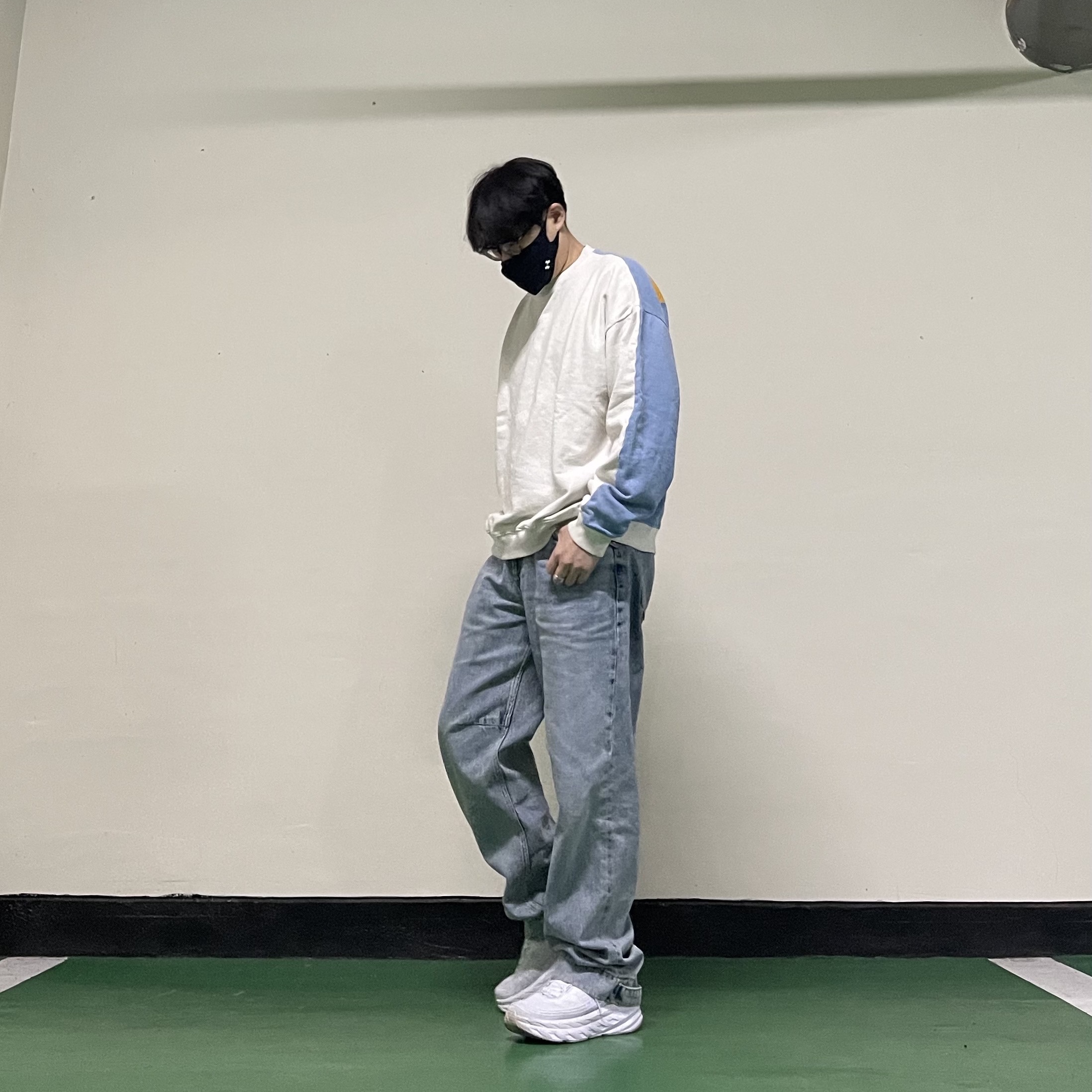 Kapital 2 Tone Big Fleece Sweatshirt Kinari Sax, Hoka Bondi 6 White 착용 스타일 - 1
