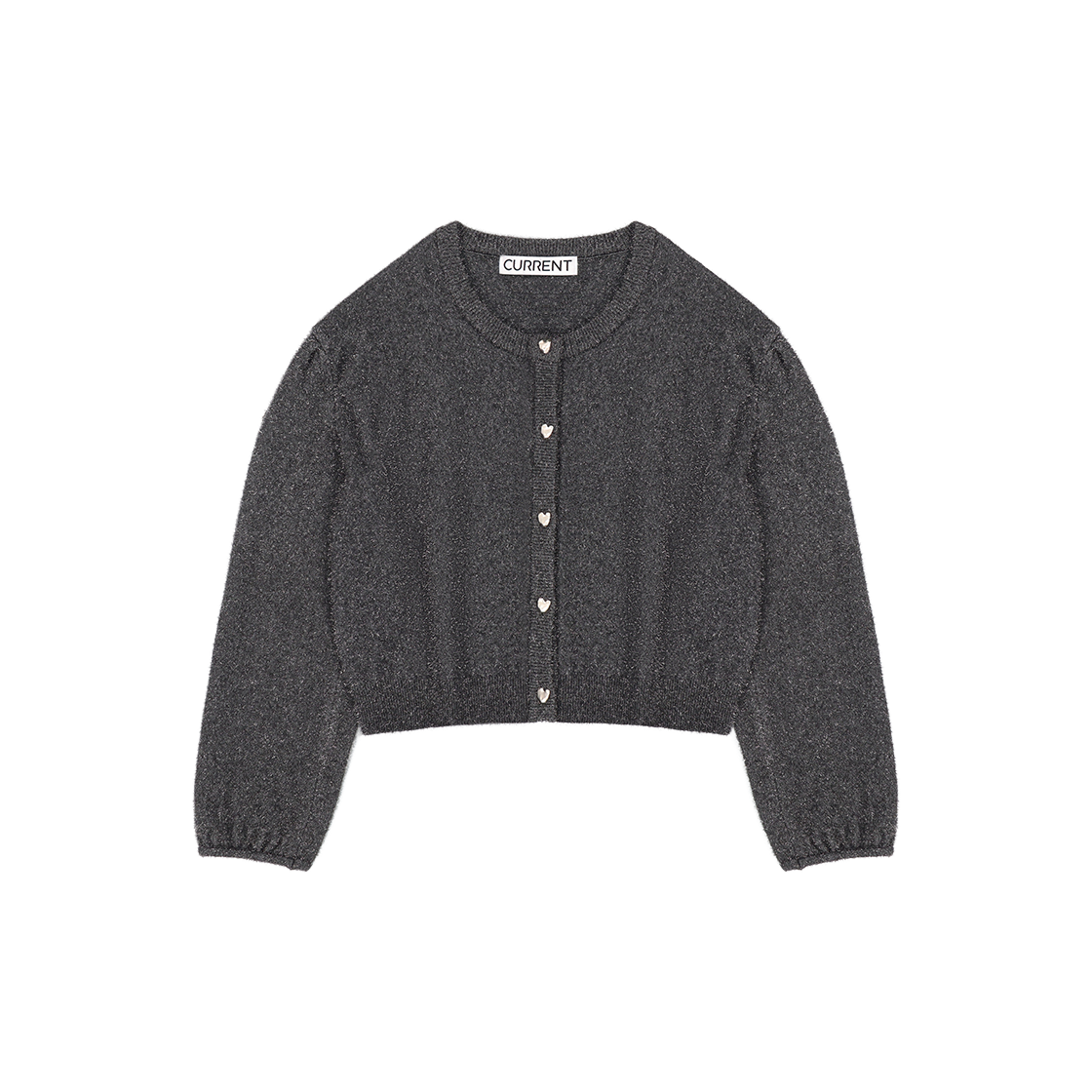 커렌트 메탈릭 퍼프 슬리브스 가디건 다크 그레이(Current Metallic Puff Sleeves Cardigan Dark Gray)