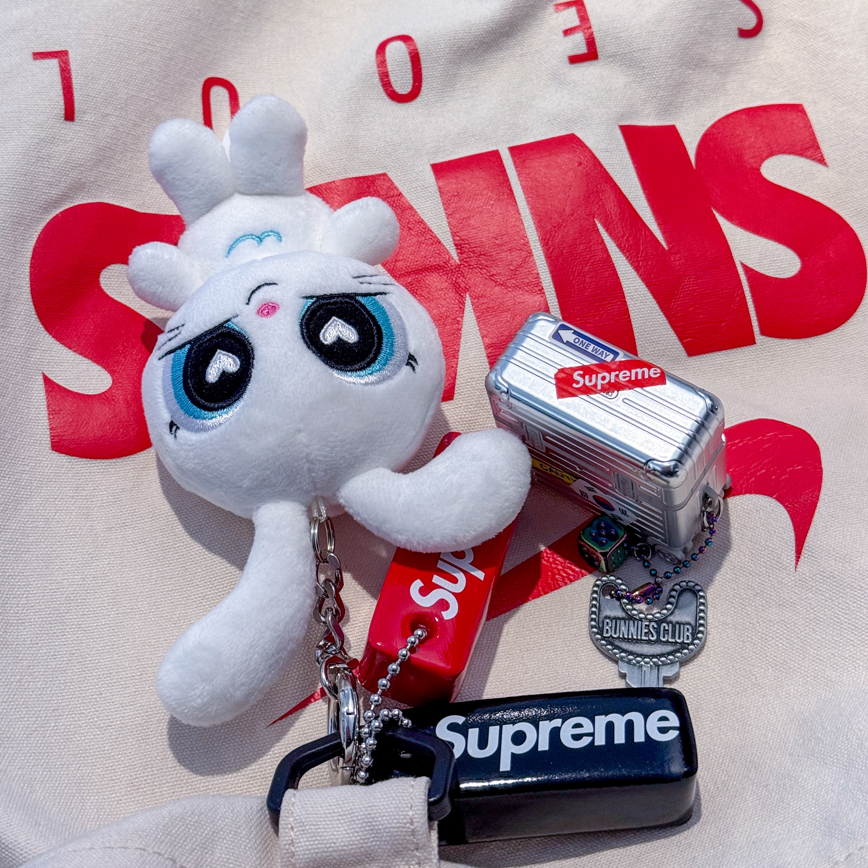 NewJeans Tokki Key Keyring Silver, Supreme Floating Keychain Red - 23FW 착용 스타일
