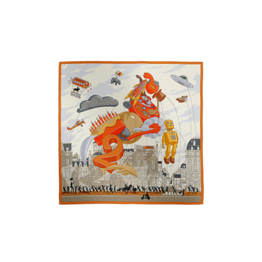 (W) Hermes Parade Scarf 90 Creme Orange Cuit Tourterelle